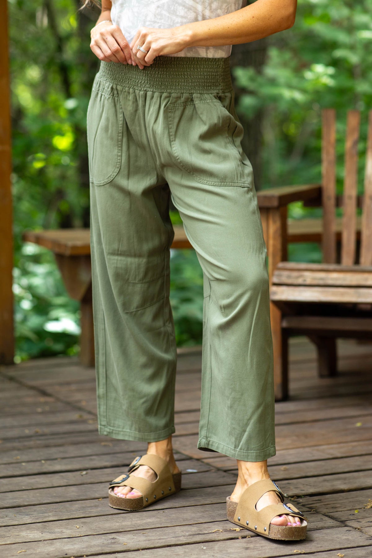 Smocked Waist Wide Leg Pant With Pockets