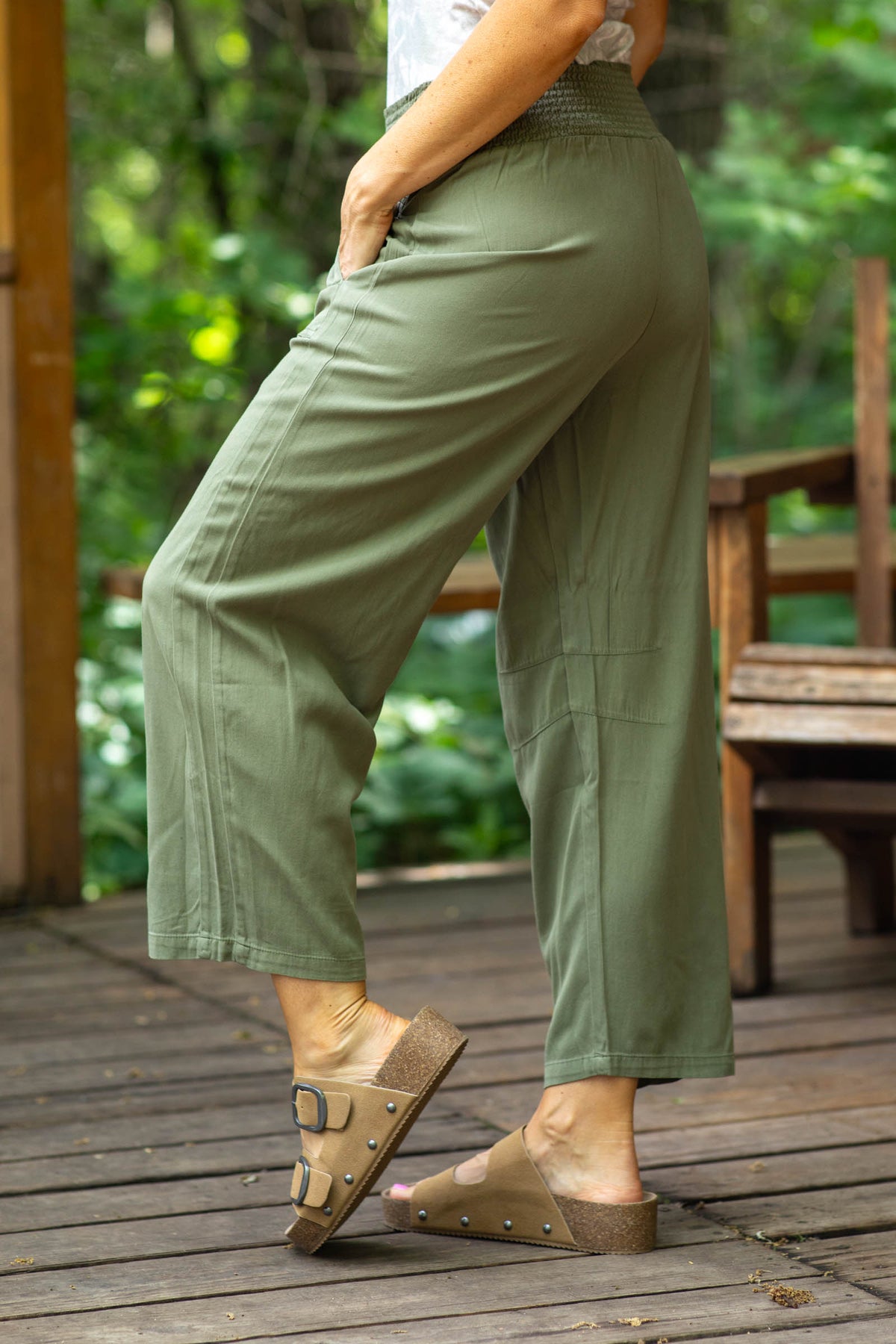 Smocked Waist Wide Leg Pant With Pockets
