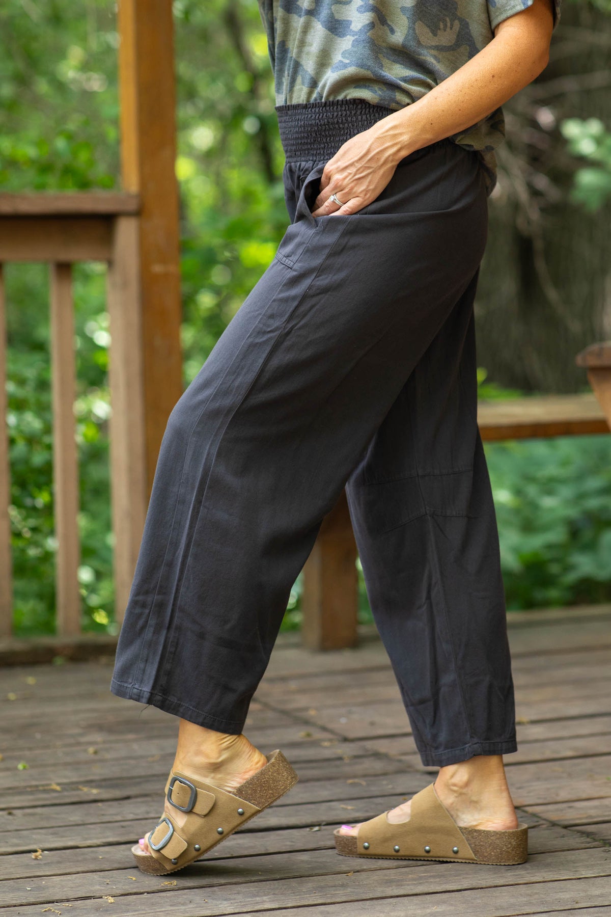 Smocked Waist Wide Leg Pant With Pockets