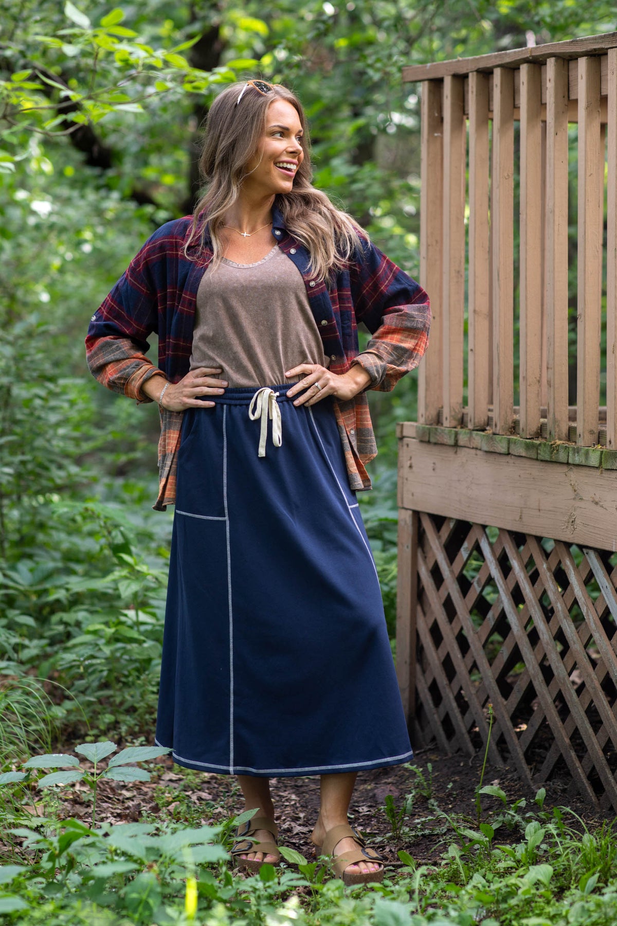 Navy Multicolor Colorblock Plaid Button Up Top