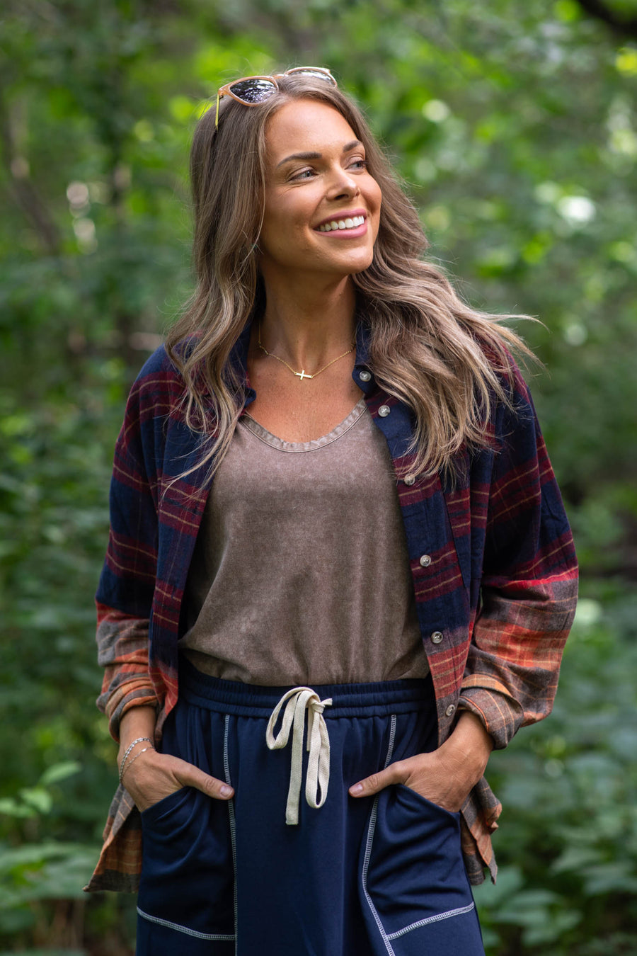 Navy Multicolor Colorblock Plaid Button Up Top