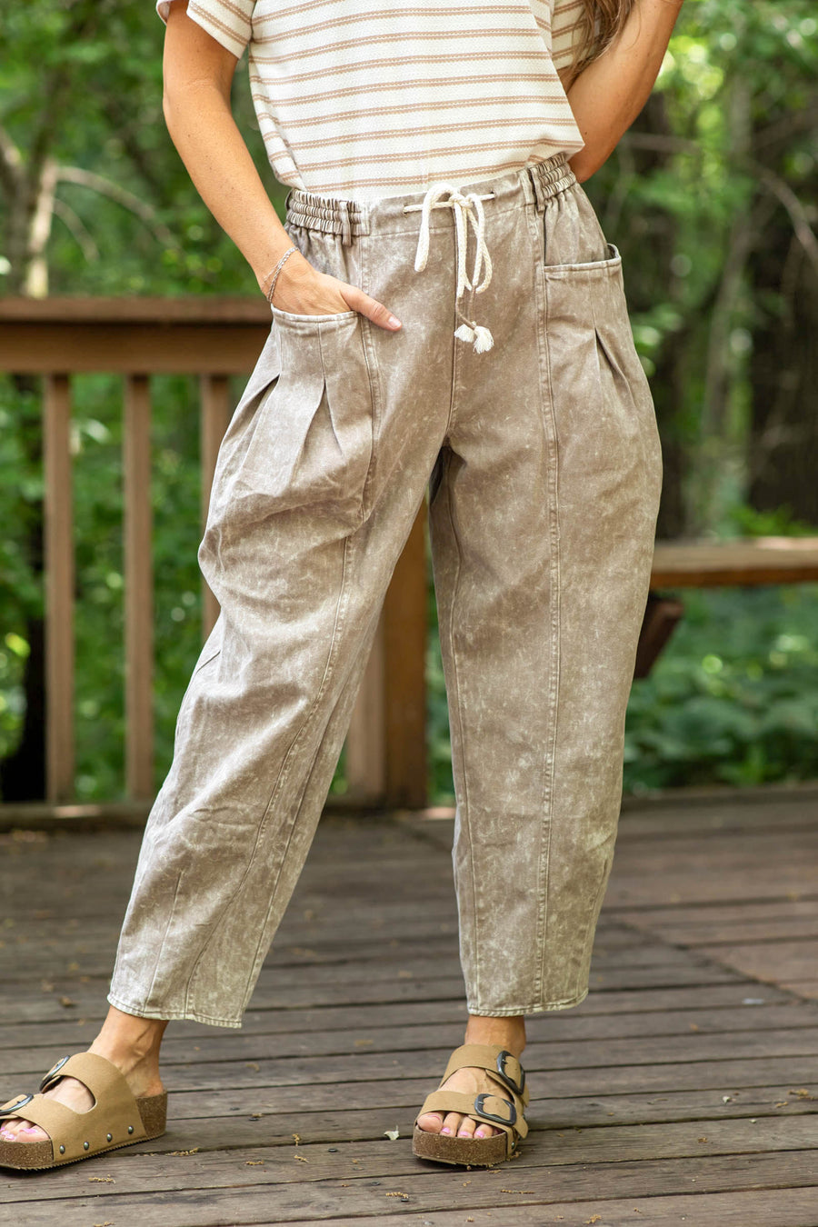 Light Mocha Mineral Washed Twill Barrel Pants