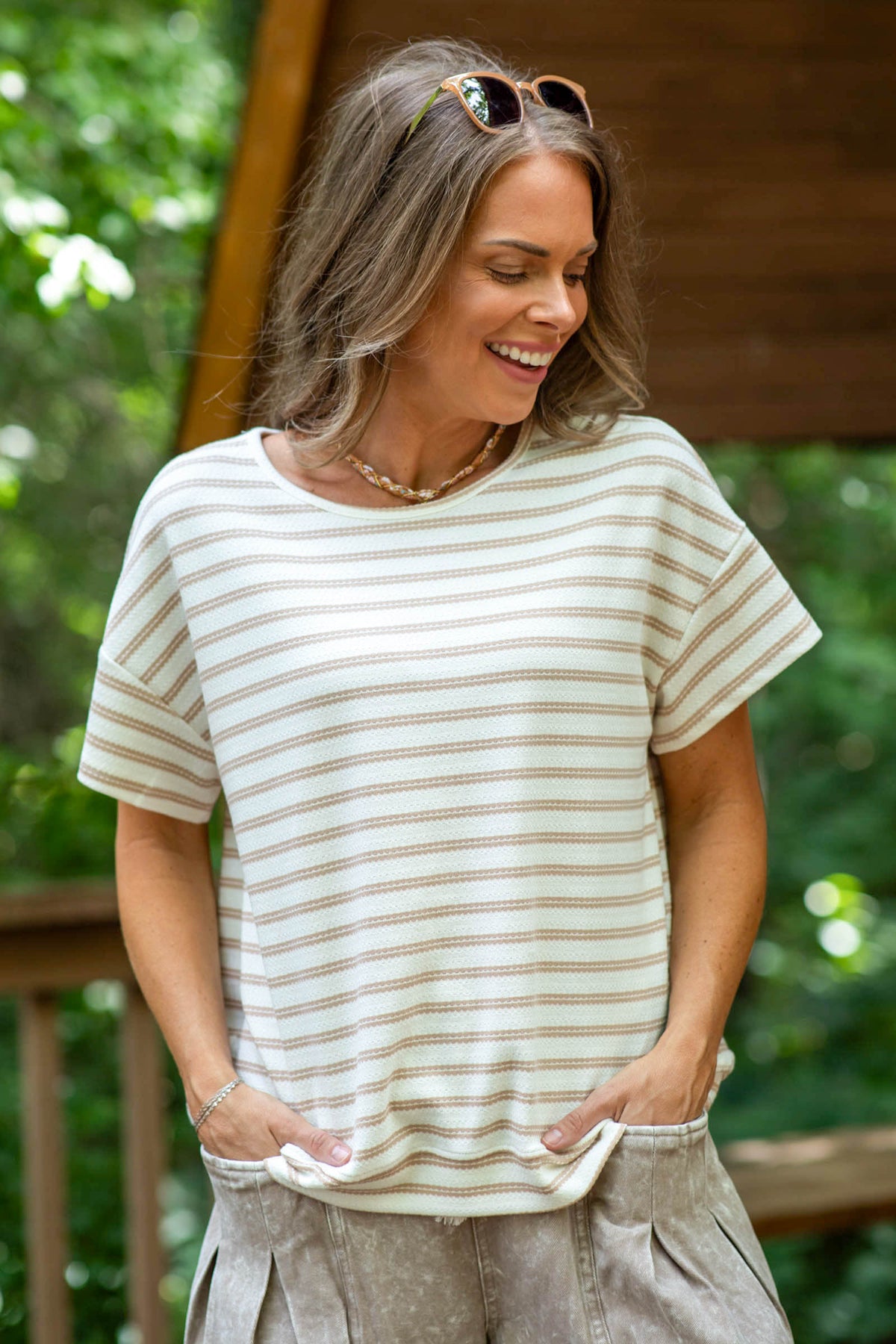 Ivory And Mocha Striped Knit Short Sleeve Top