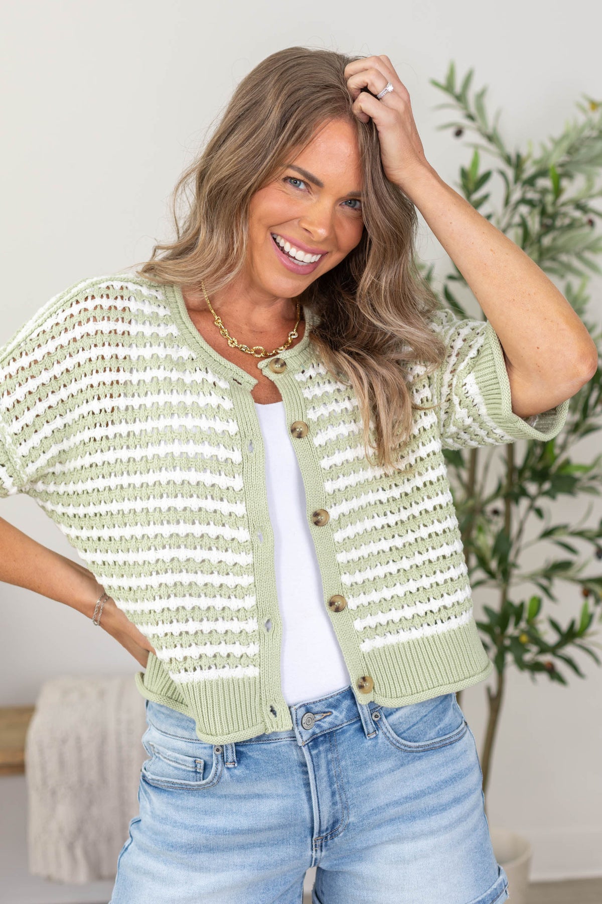 Stripe Short Sleeve Crochet Knit Cardigan