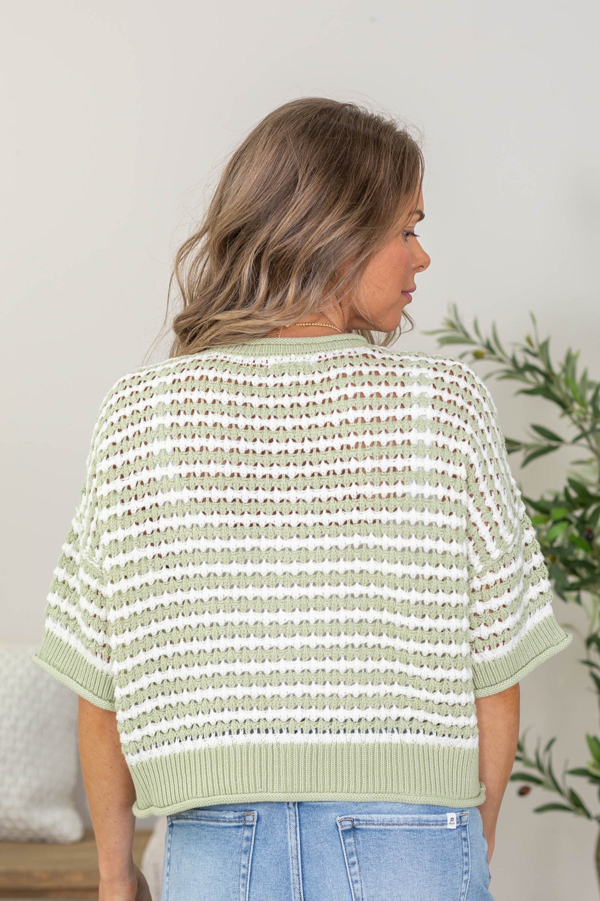 Stripe Short Sleeve Crochet Knit Cardigan