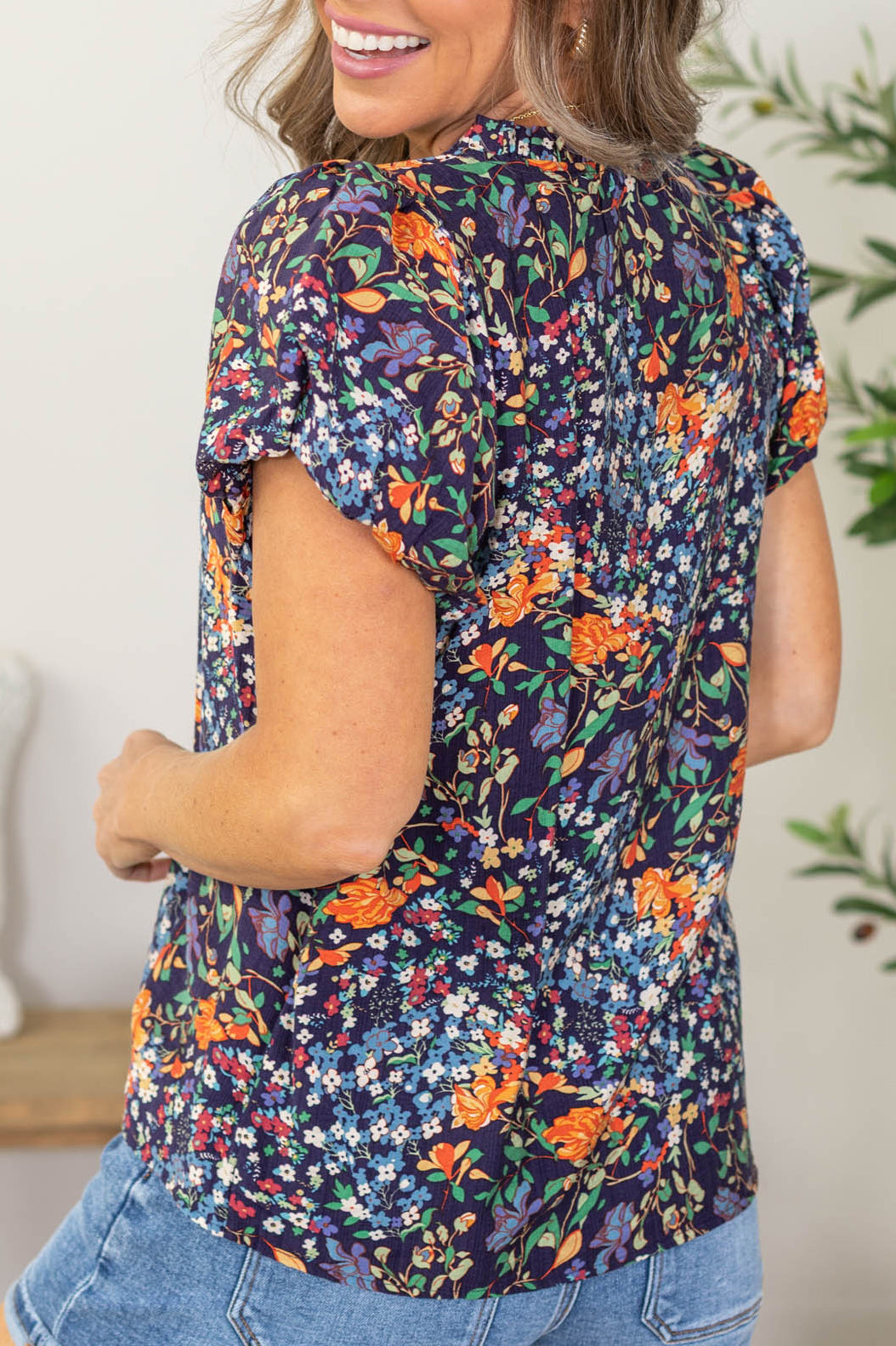 Staccato Navy Floral Short Puff Sleeve Woven Top