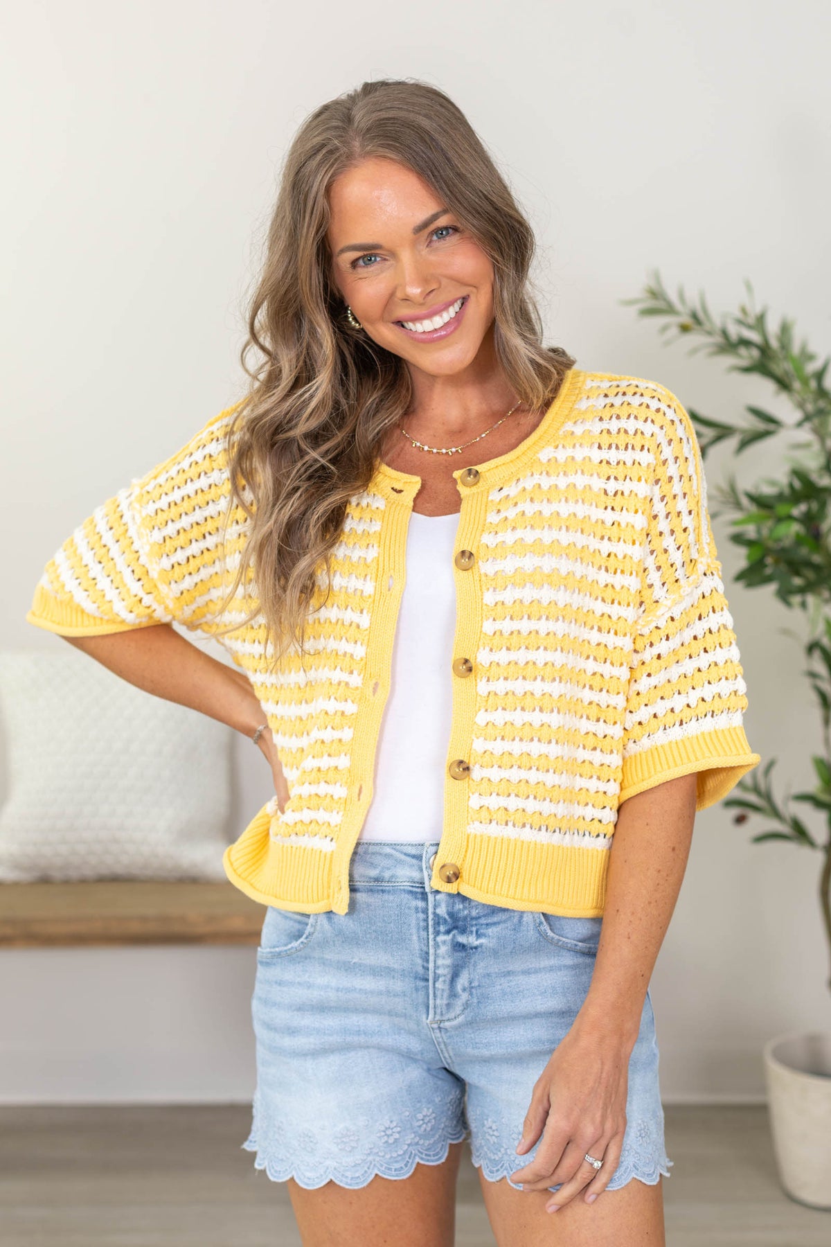 Stripe Short Sleeve Crochet Knit Cardigan
