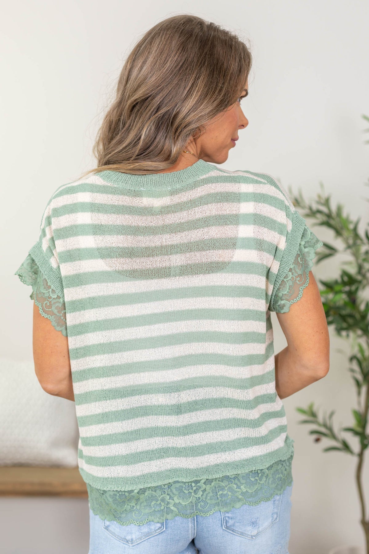 Sage Striped Contrast Lace Detail Knit Top