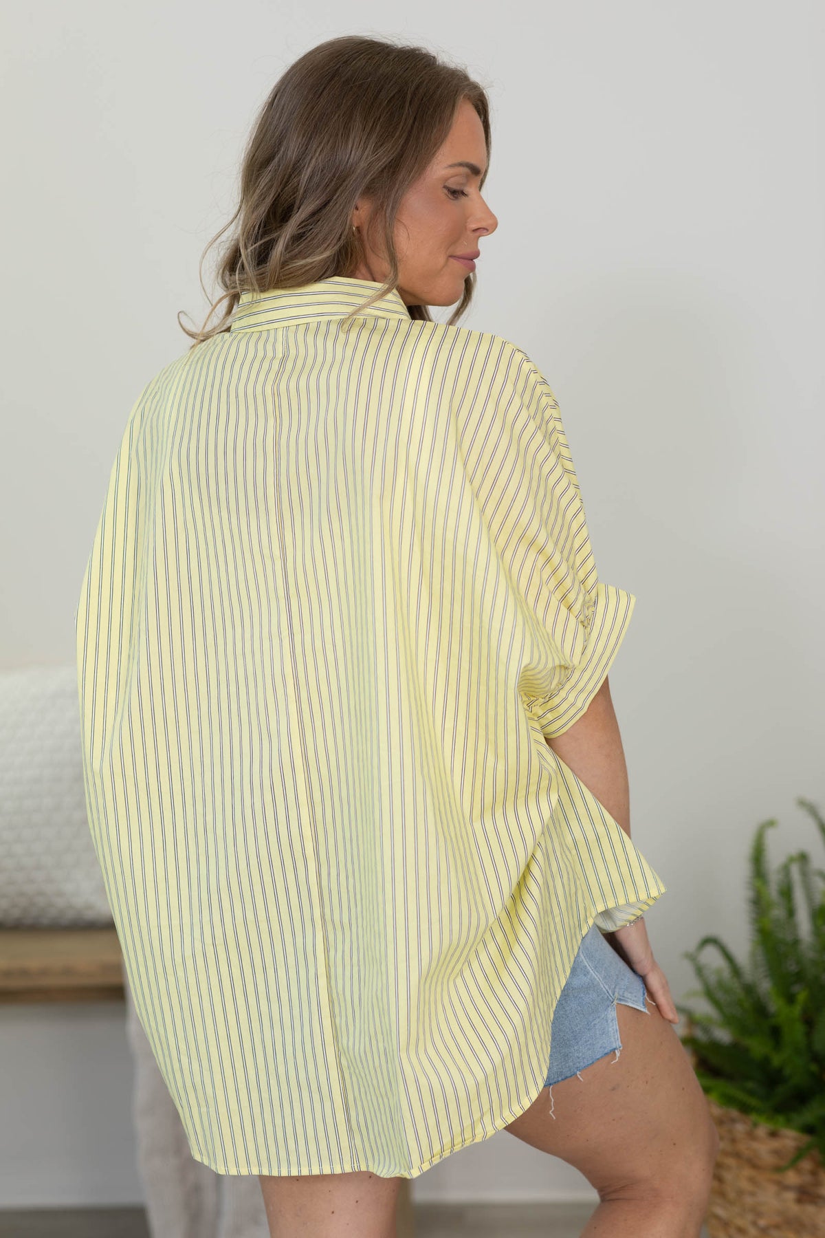 Yellow Short Kimono Sleeve Button Down Stripe Shirt- 100% Cotton