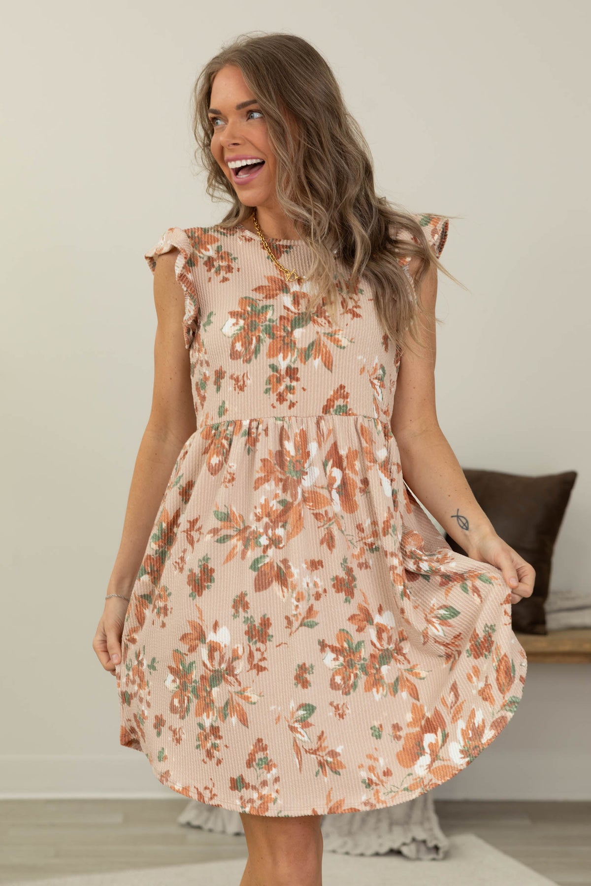 Floral Ribbed Ruffle Sleeve Dress