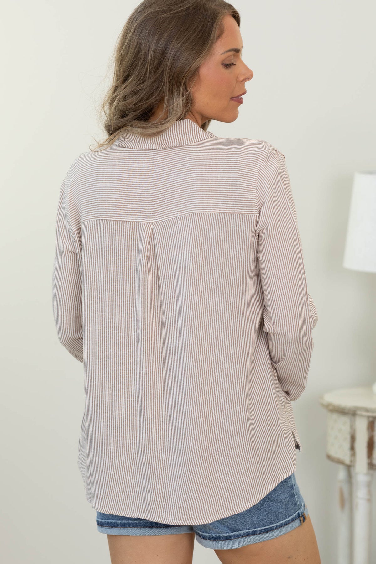 Linen Blended Stripe Collared Boxy Shirt