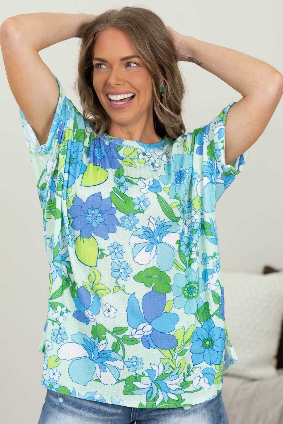 Mint And Blue Floral Knit Top