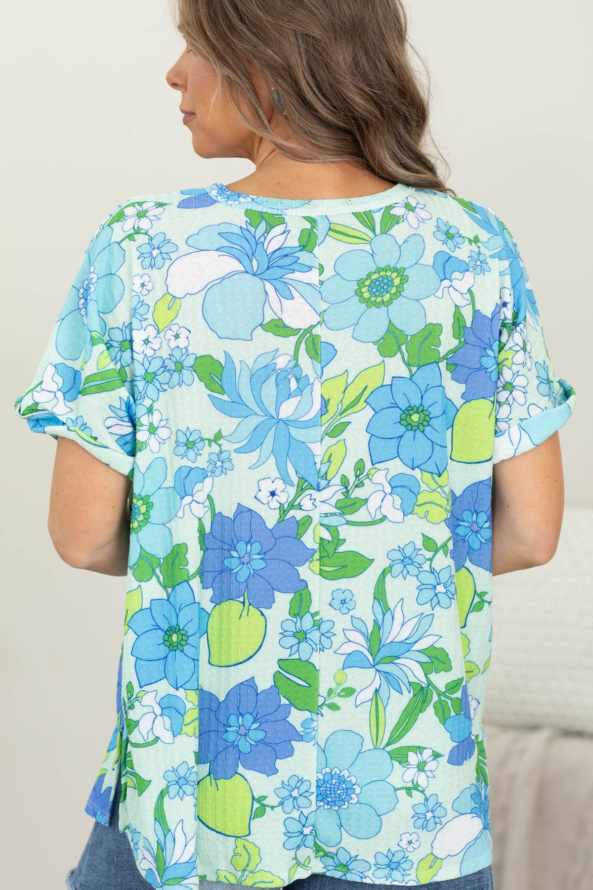 Mint And Blue Floral Knit Top