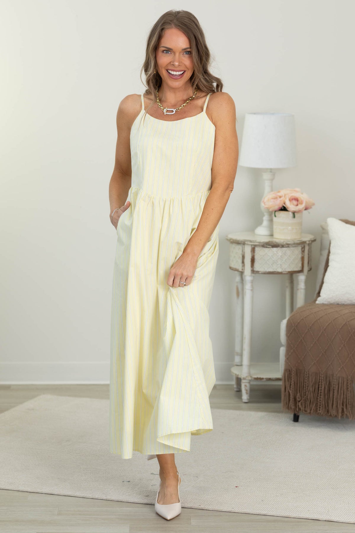 Pastel Yellow Adjustable Strap Stripe Midi Dress