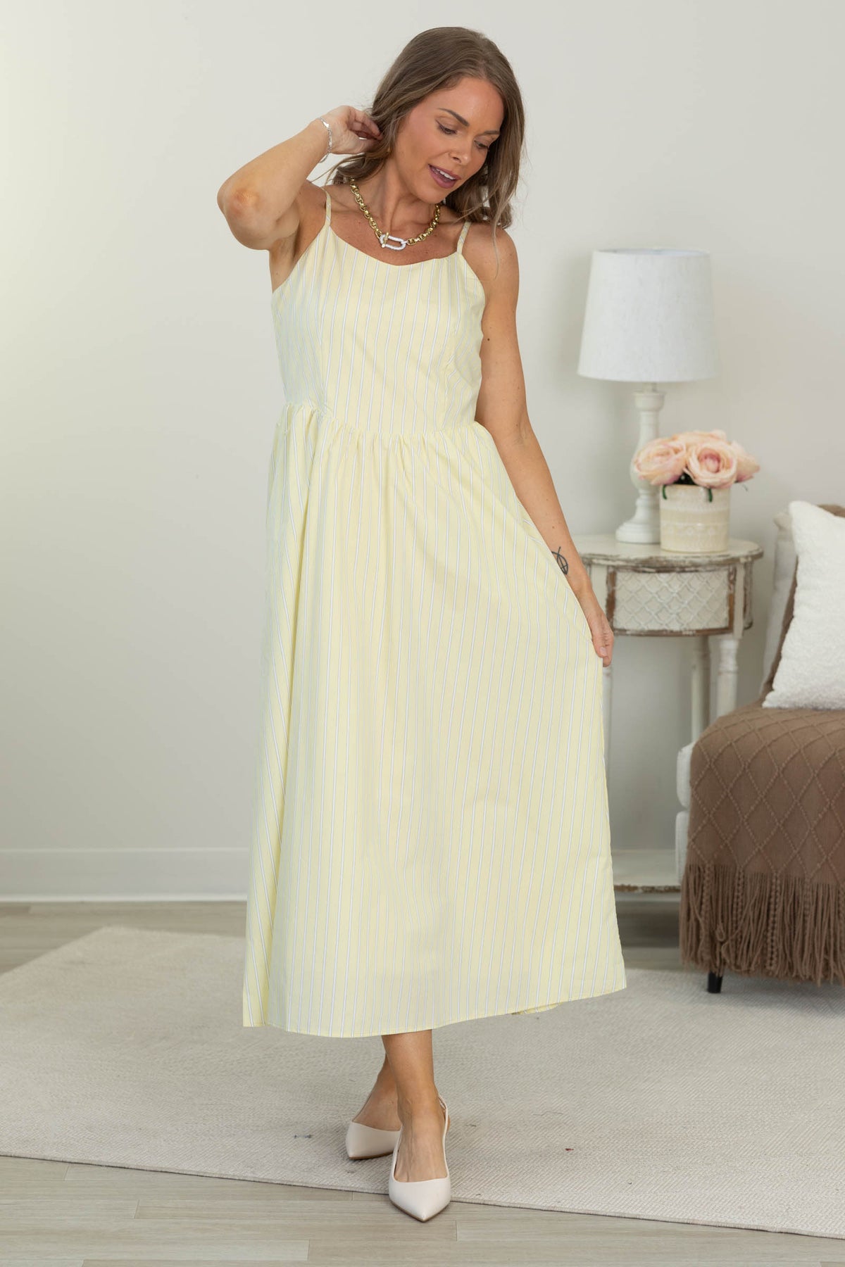 Pastel Yellow Adjustable Strap Stripe Midi Dress