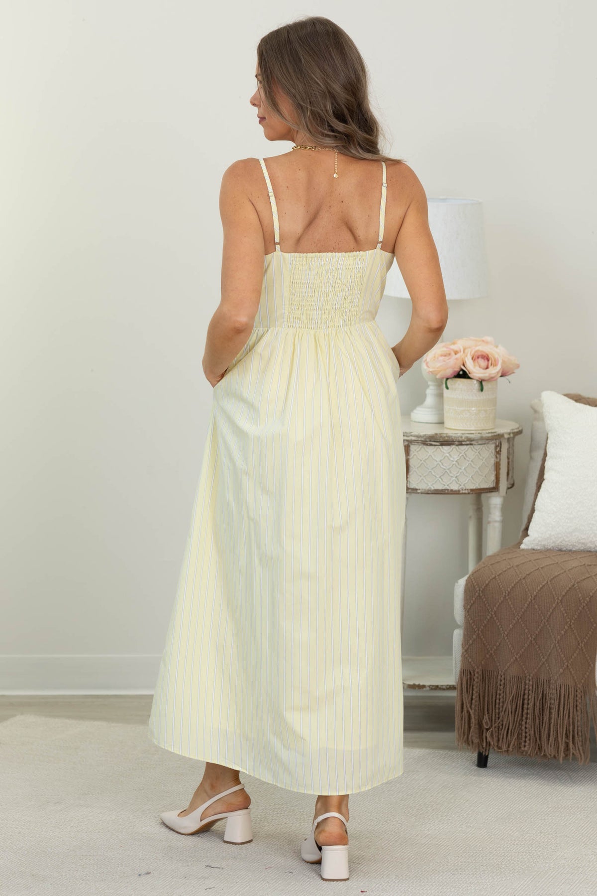 Pastel Yellow Adjustable Strap Stripe Midi Dress