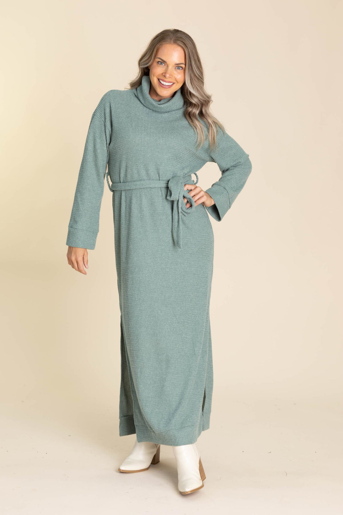 Soft Mock Neck Maxi Dresses With Tie Waist