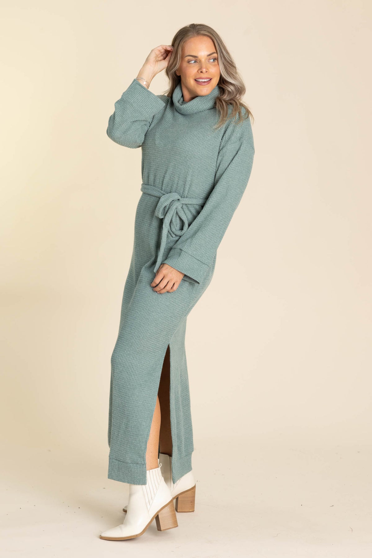 Soft Mock Neck Maxi Dresses With Tie Waist