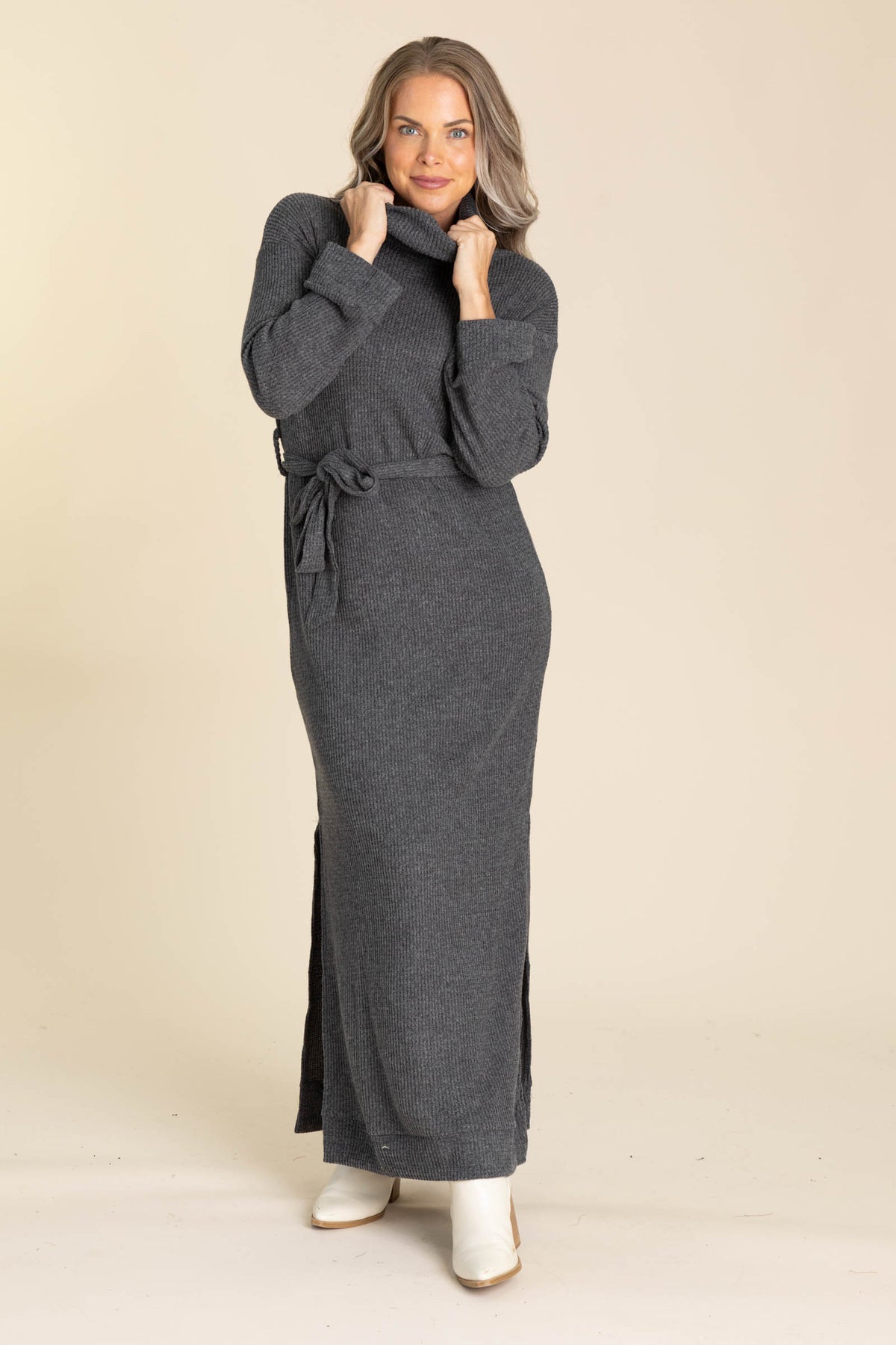 Soft Mock Neck Maxi Dresses With Tie Waist
