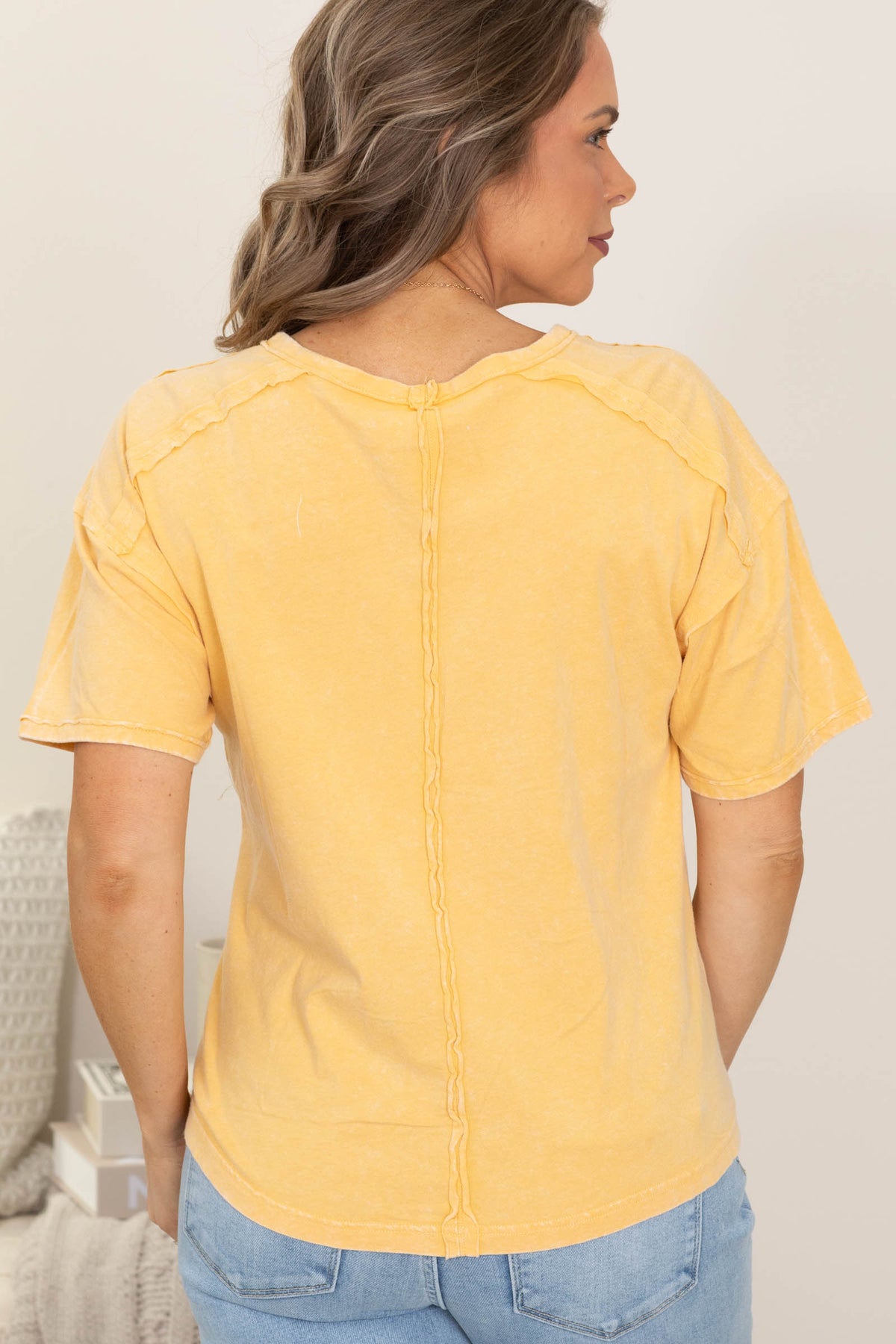 Mineral Washed Knit Tops With Pocket
