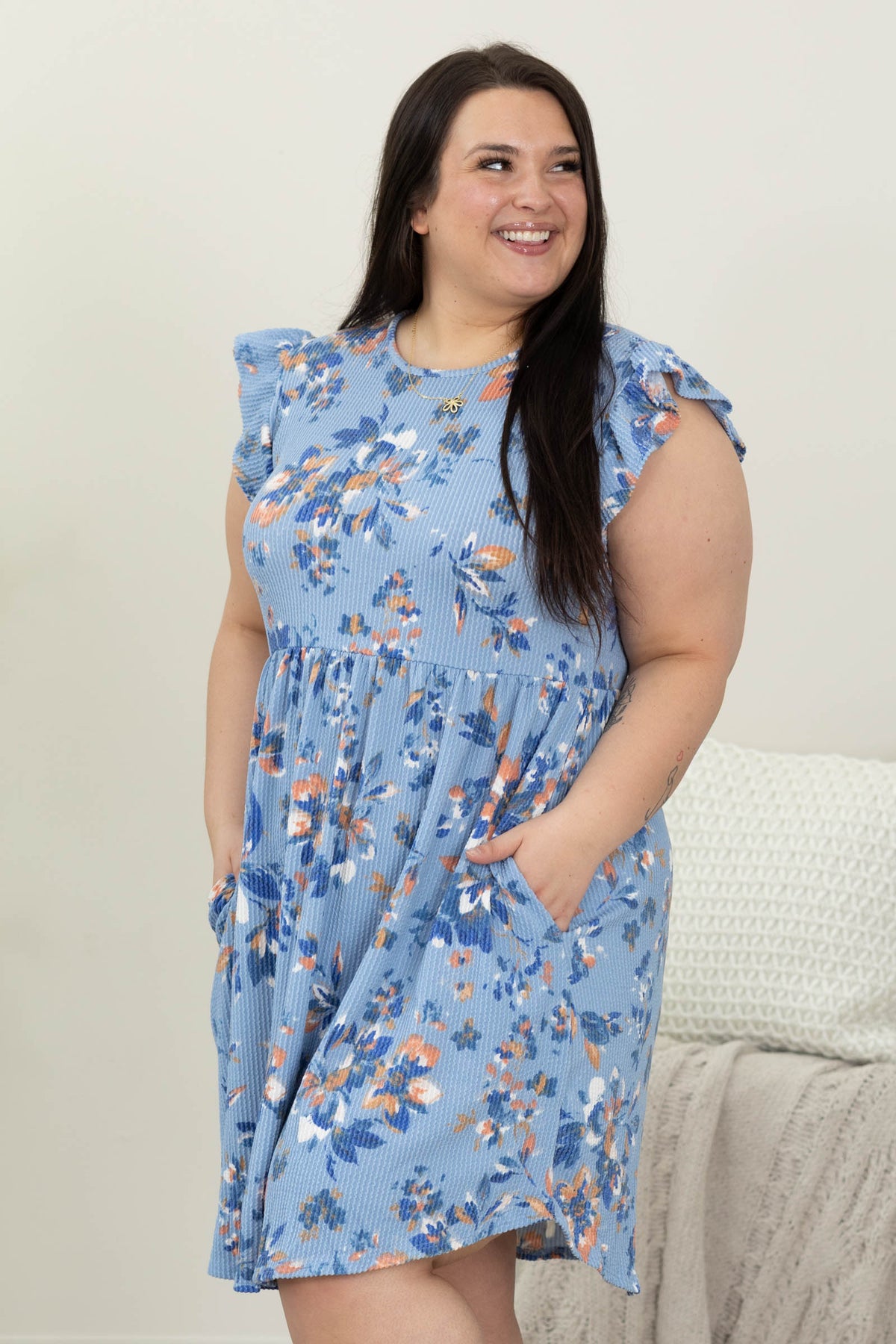 Floral Ribbed Ruffle Sleeve Dress