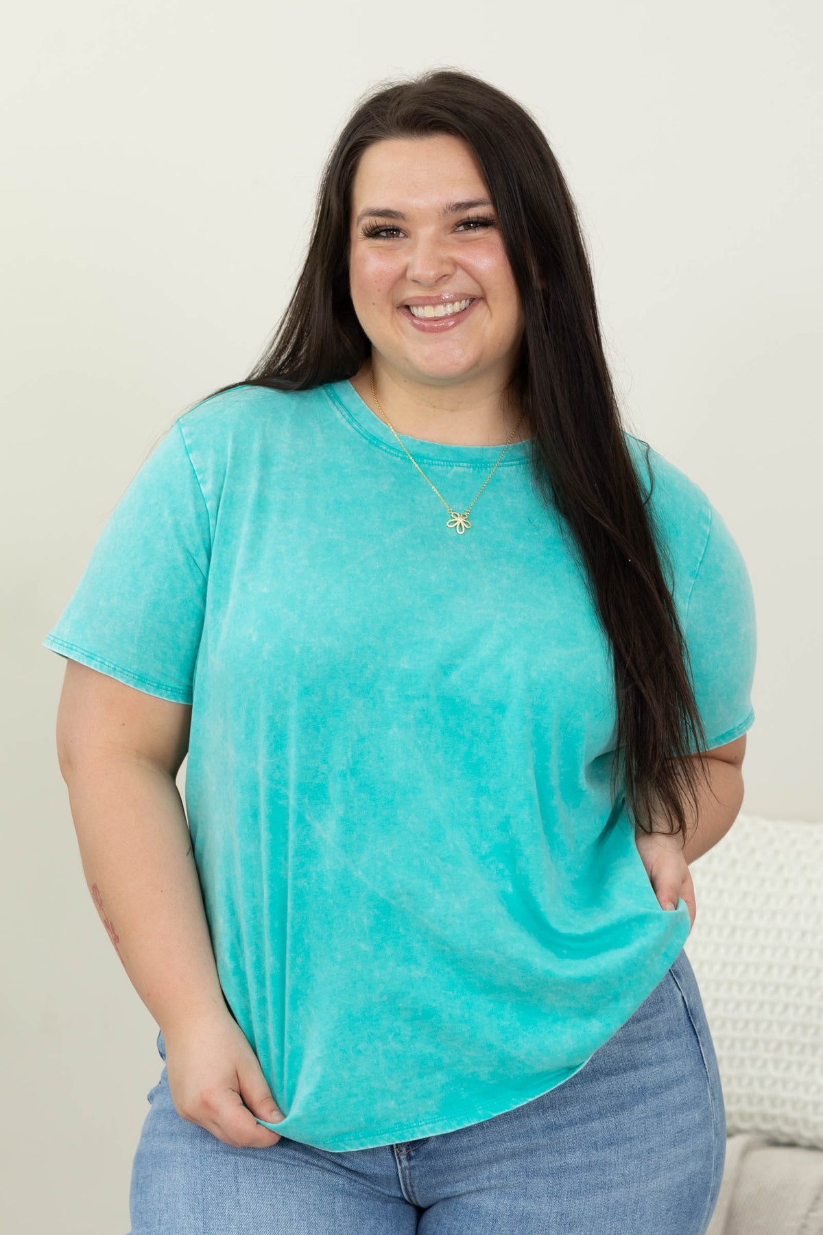 Washed Crew Neck Short Sleeve Knit Tops- 100% Cotton