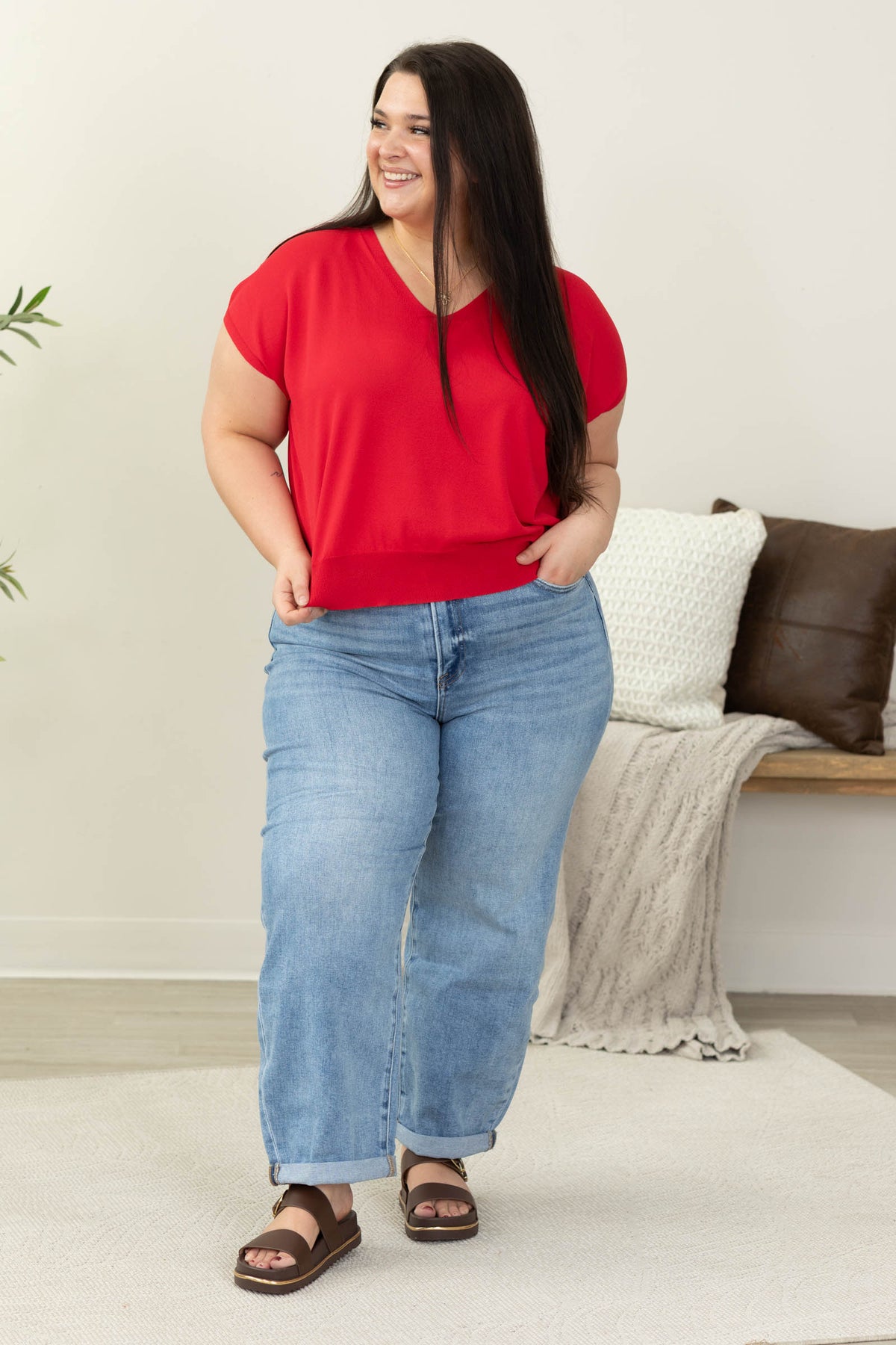 Relaxed Fit Short Sleeve V-Neck Knit Top