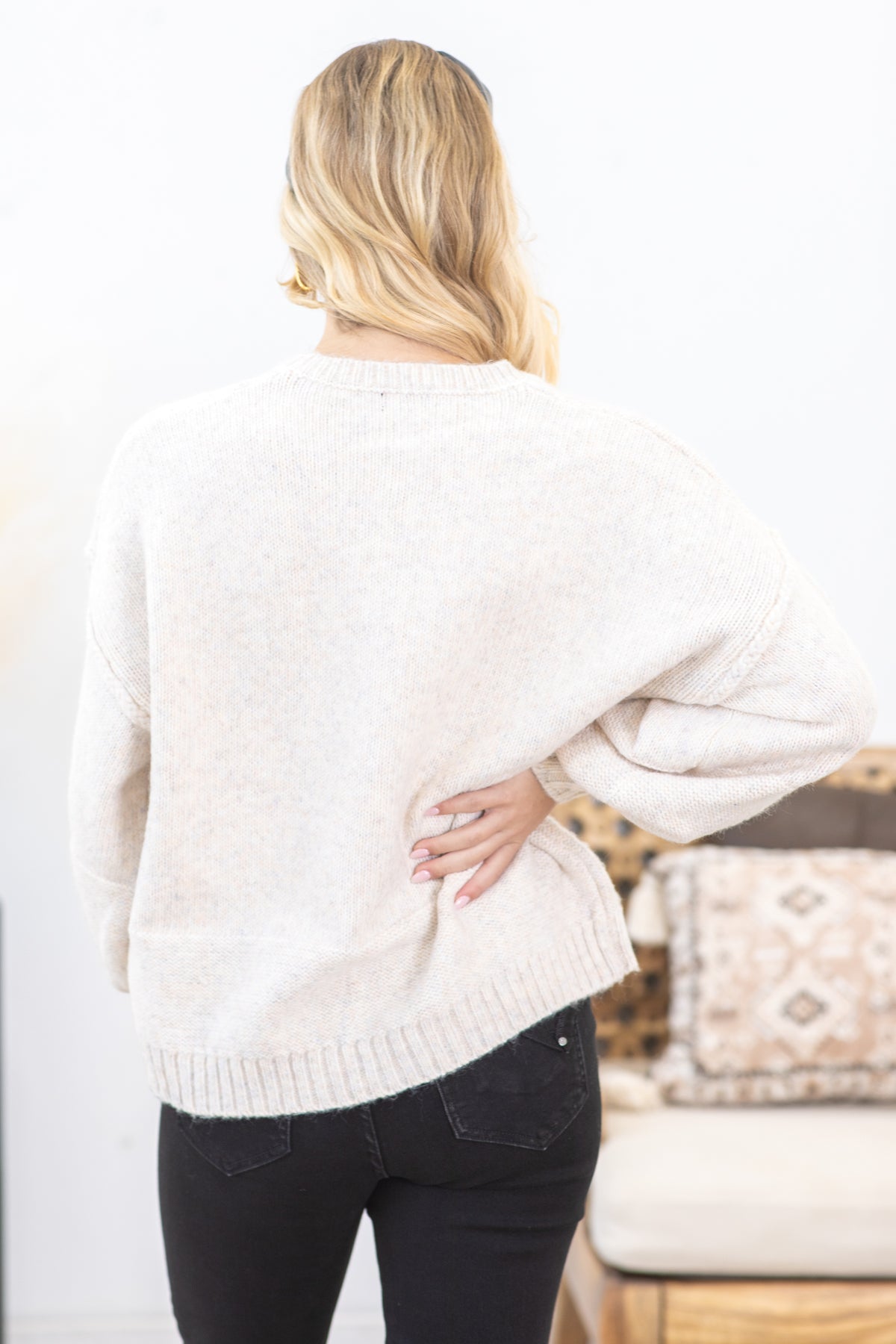 Beige Balloon Sleeve Sweater With Front Pocket
