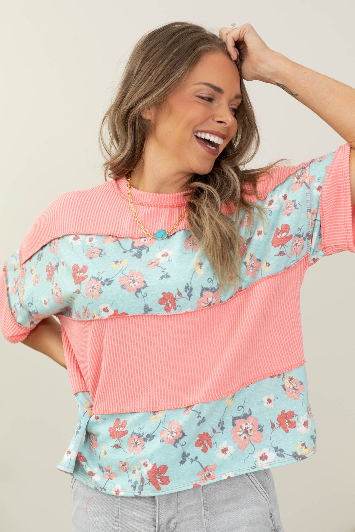 Short Sleeve Rib And Floral Knit Top- 100% Cotton