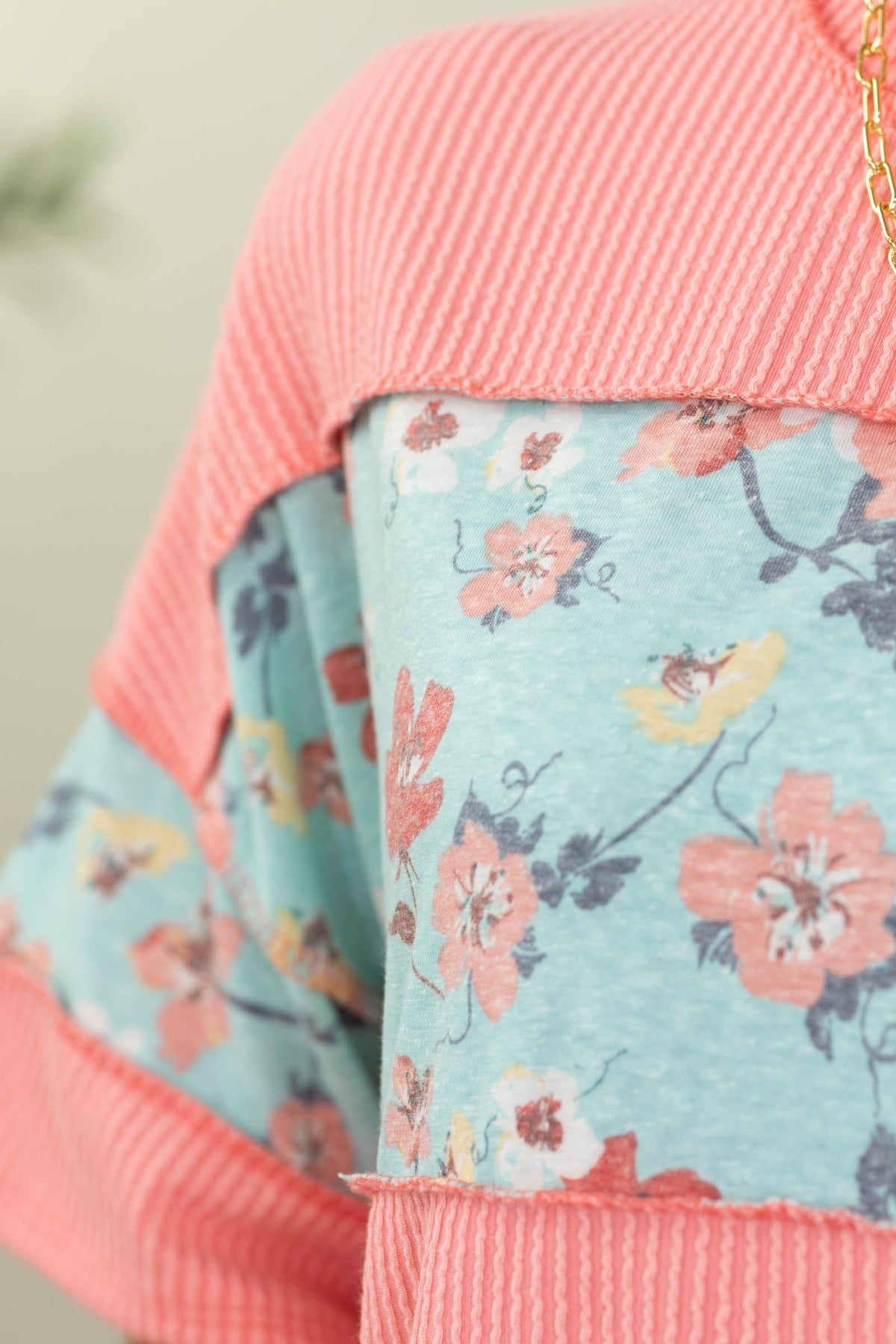 Short Sleeve Rib And Floral Knit Top- 100% Cotton