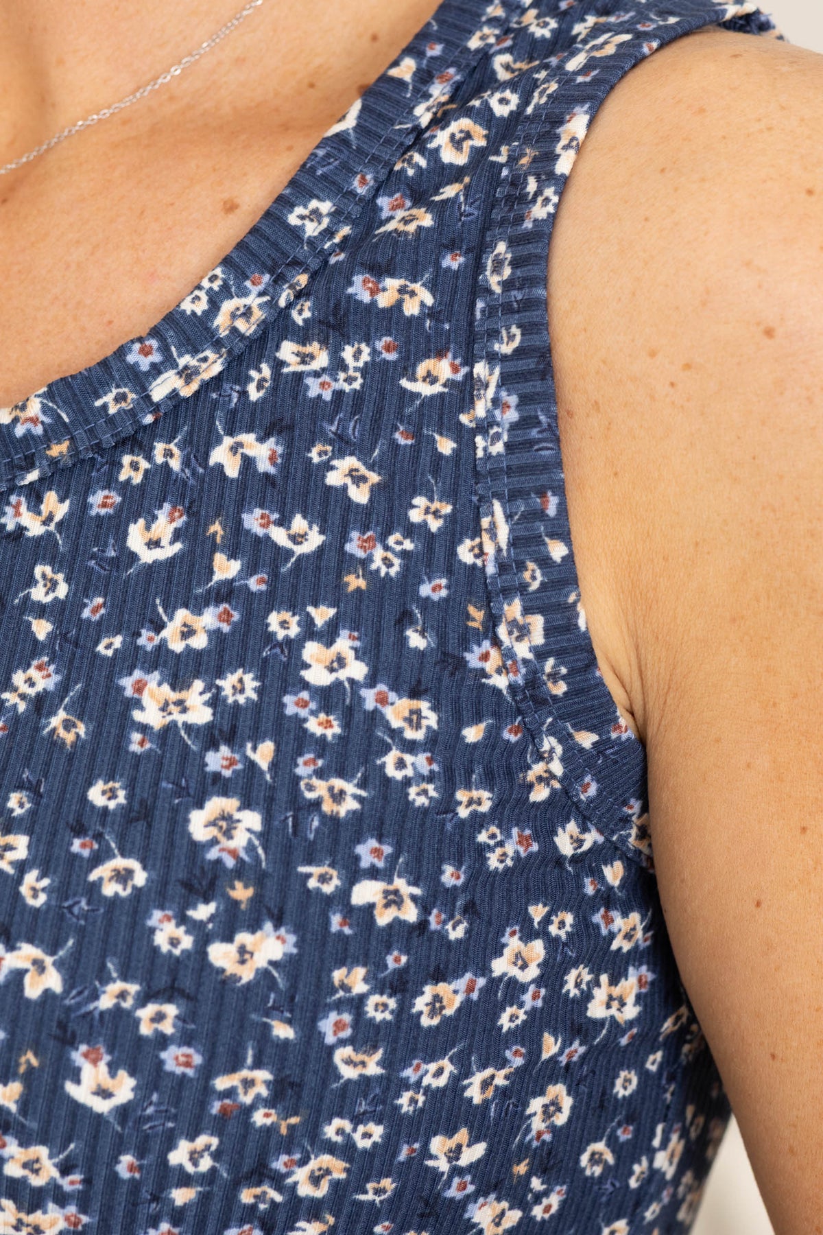 Navy Ditsy Floral U Neckline Knit Tank Top