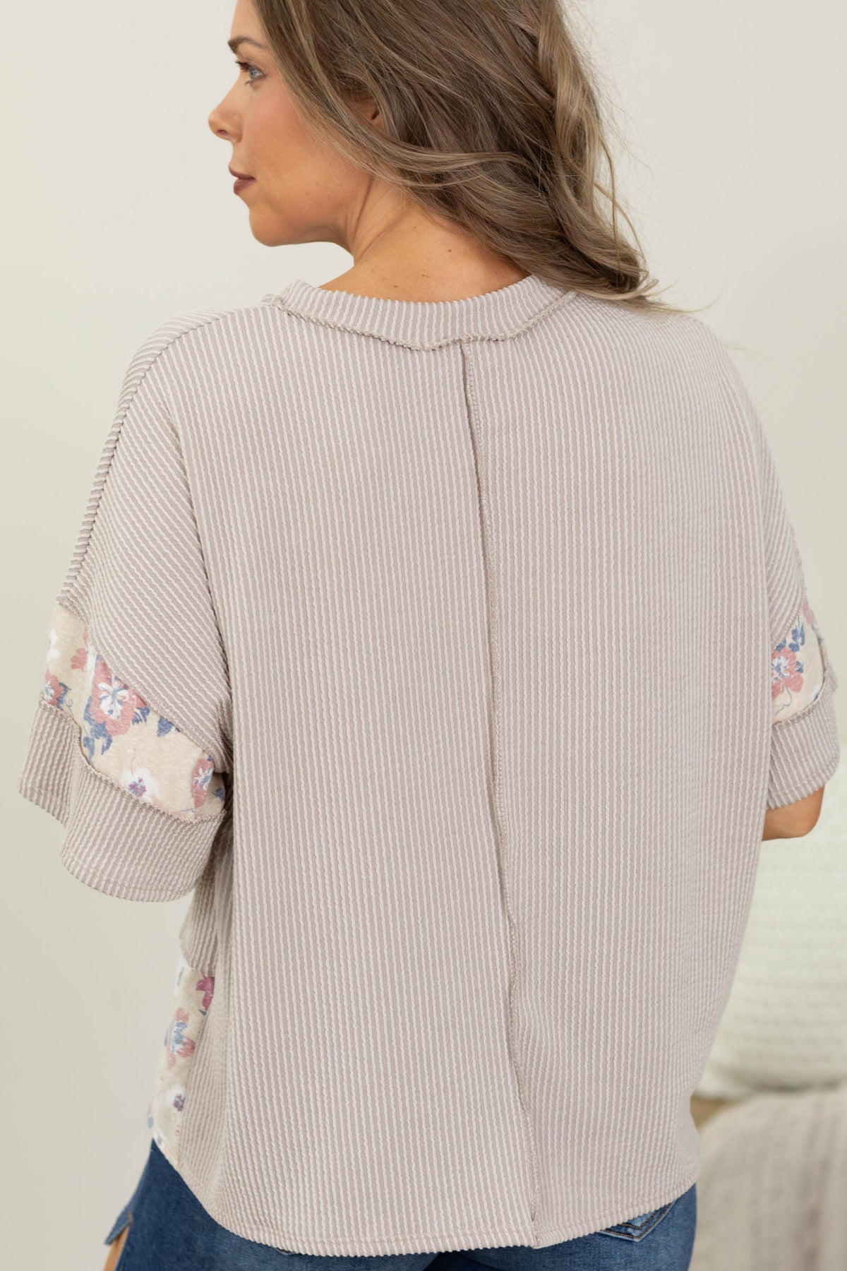 Short Sleeve Rib And Floral Knit Top- 100% Cotton