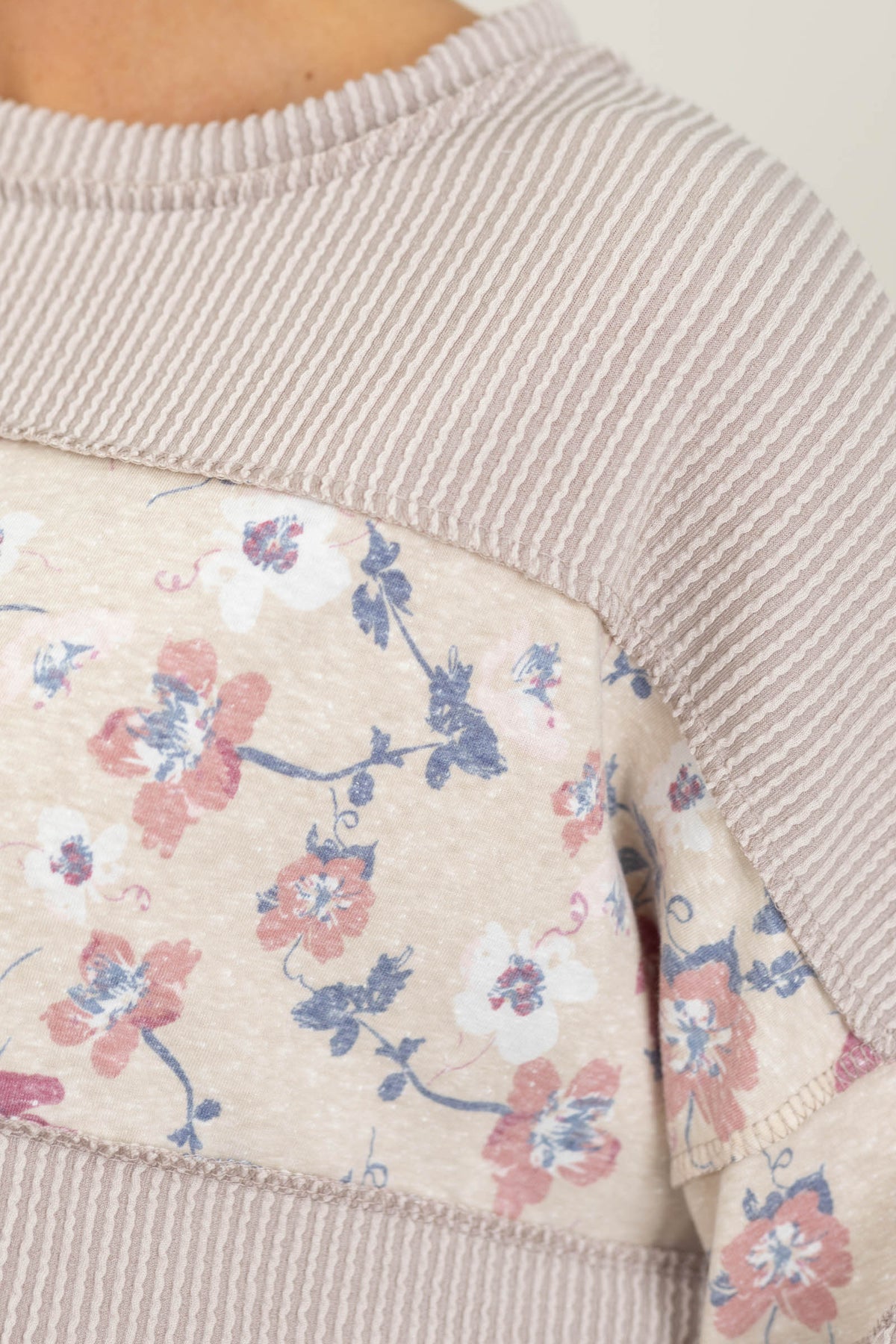 Short Sleeve Rib And Floral Knit Top- 100% Cotton