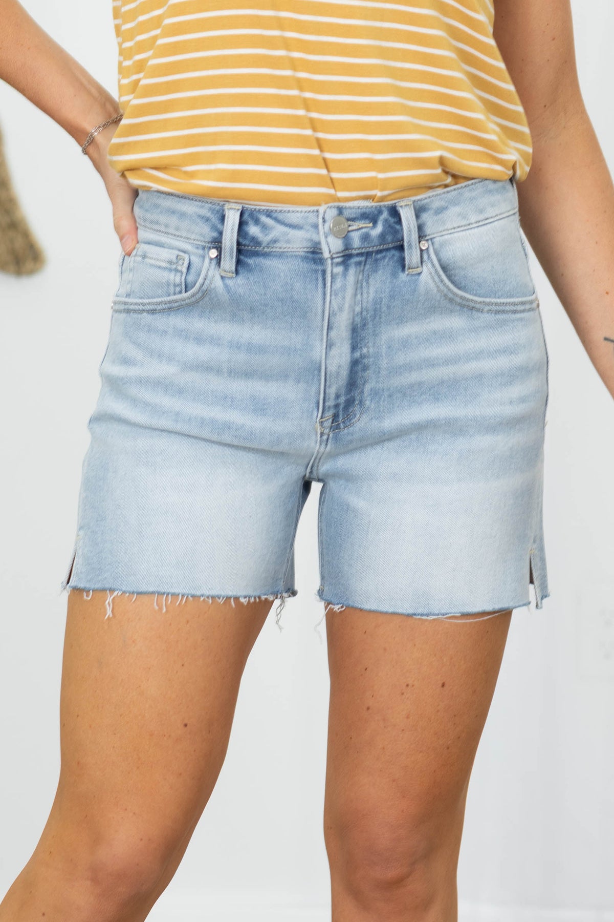 Risen High Rise Raw Cut Hem Side Slit Shorts