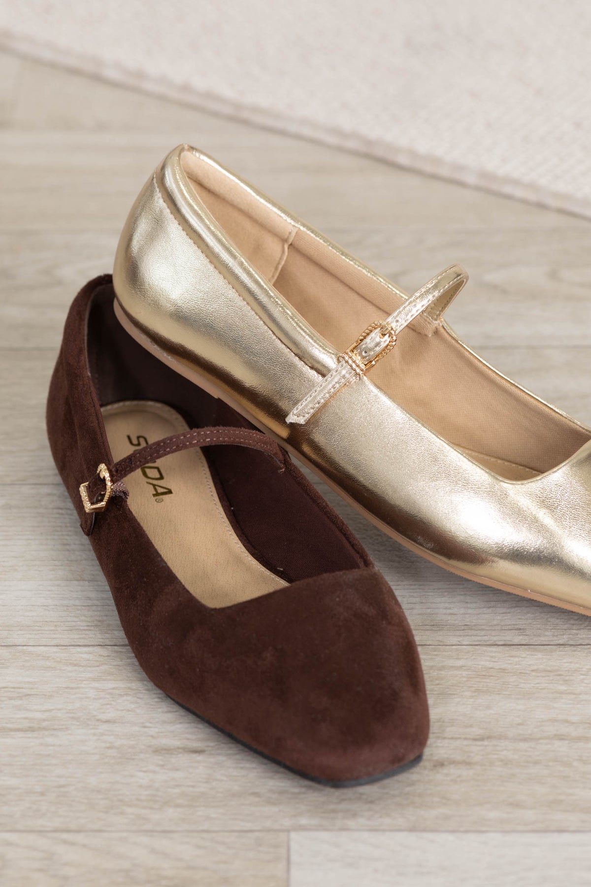 Square Toe Flats With Gold Buckle