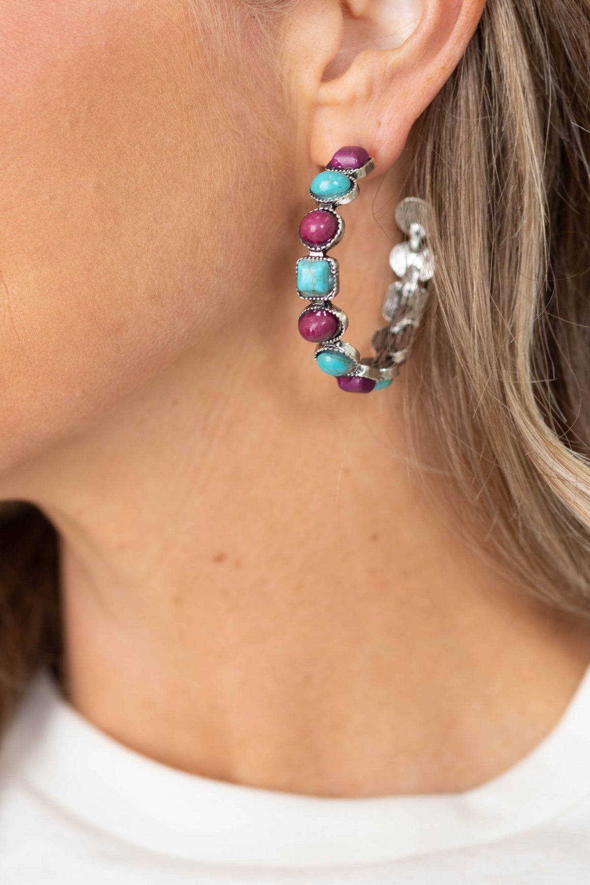 Turquoise and Plum Stone Hoop Earrings