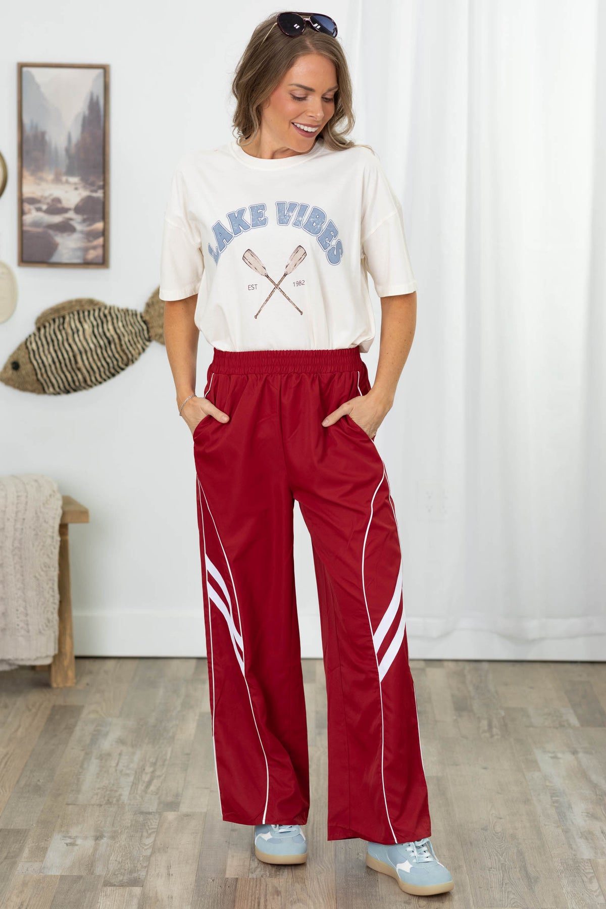 Red Wide Leg Track Pants Piping Detail