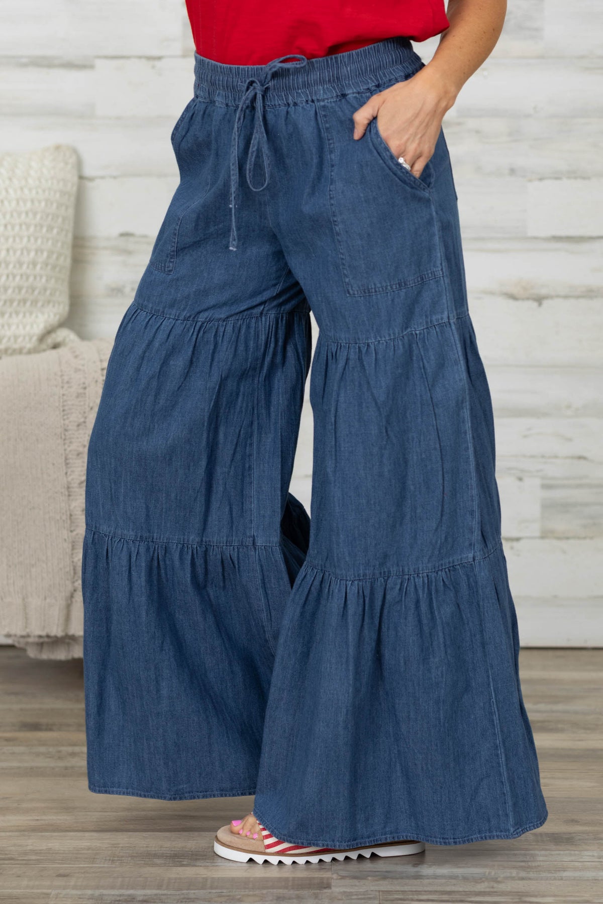 Dark Chambray Tiered Wide Leg Pants- 100% Cotton