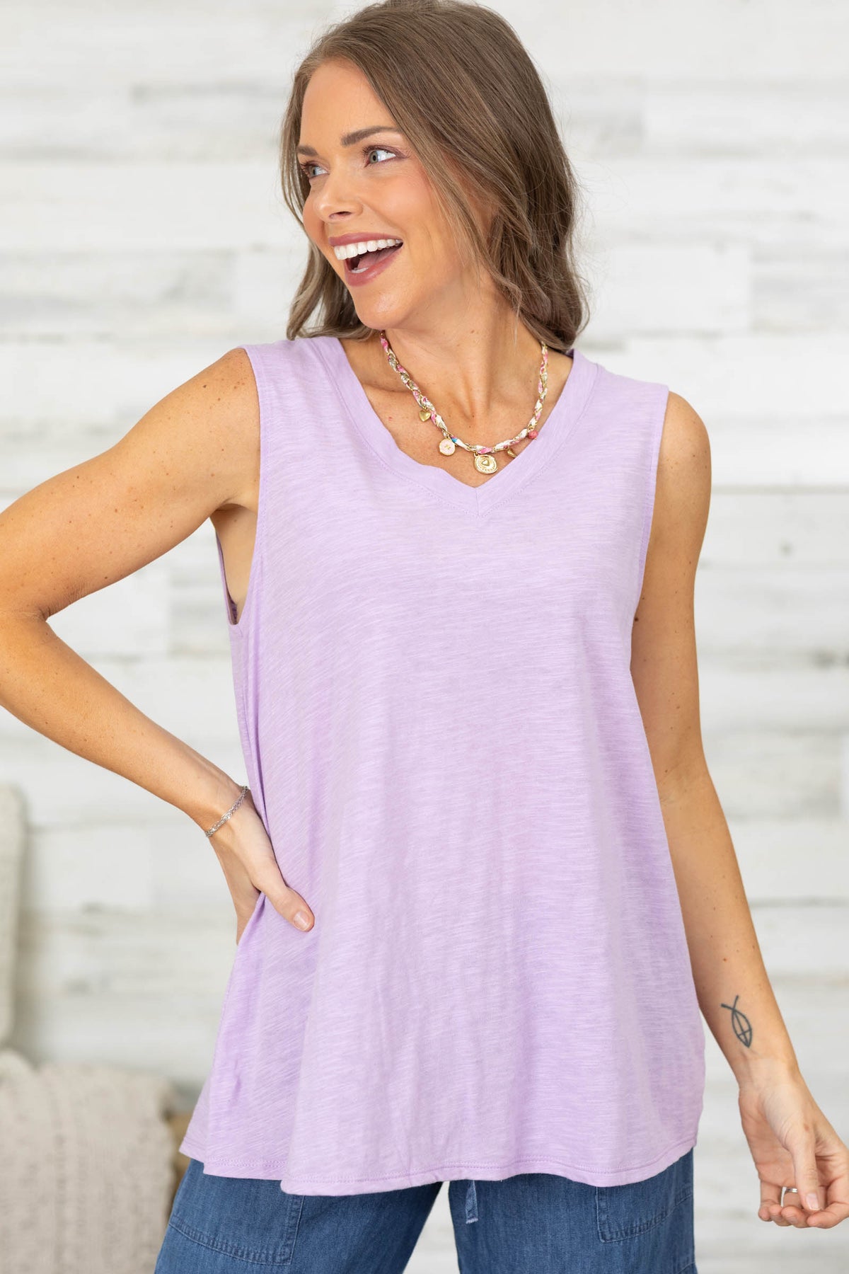 Heather V-Neck Knit Tank Top- 100% Cotton