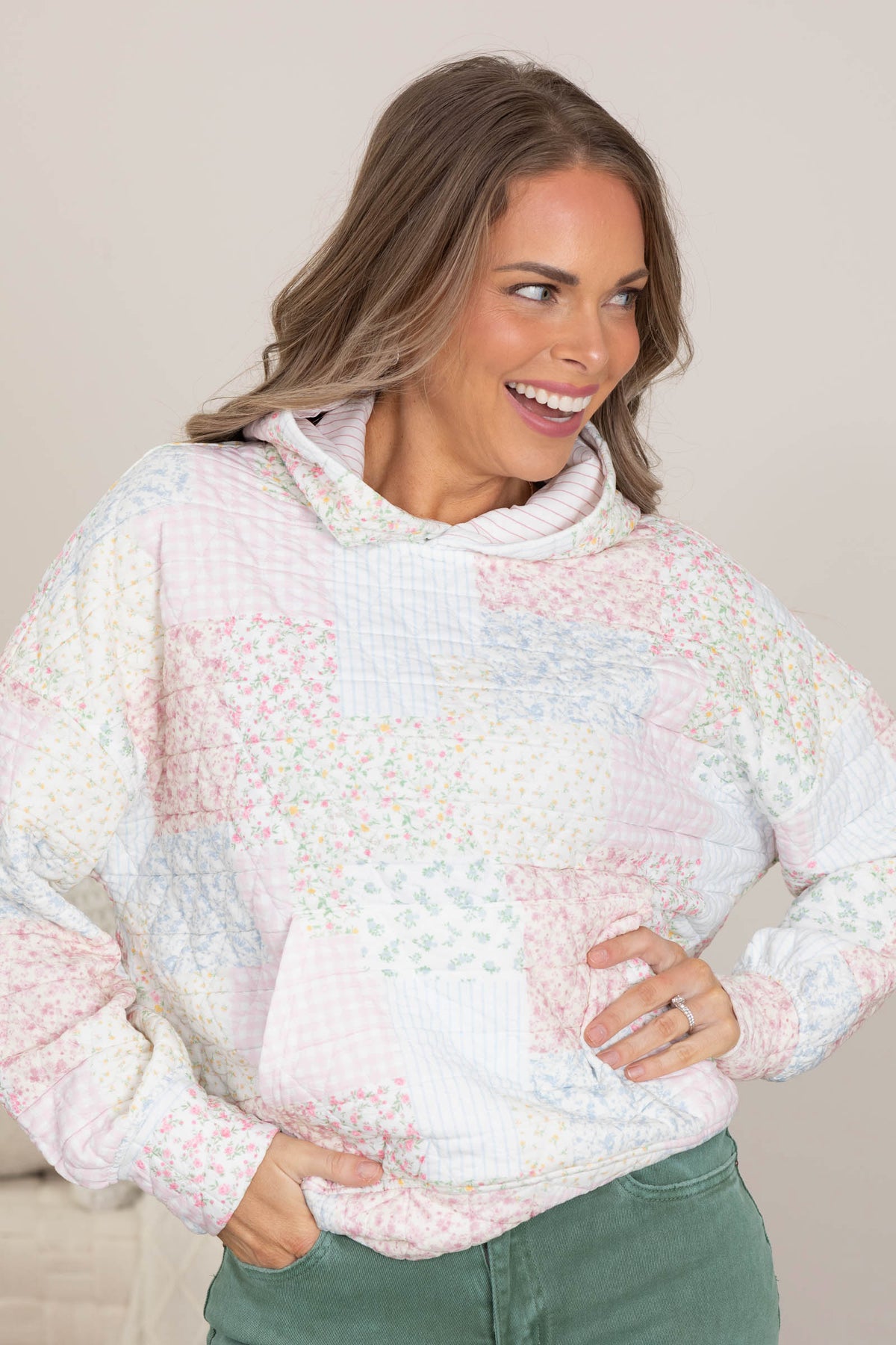 Ivory Multicolor Floral Colorblock Quilt Hoodie