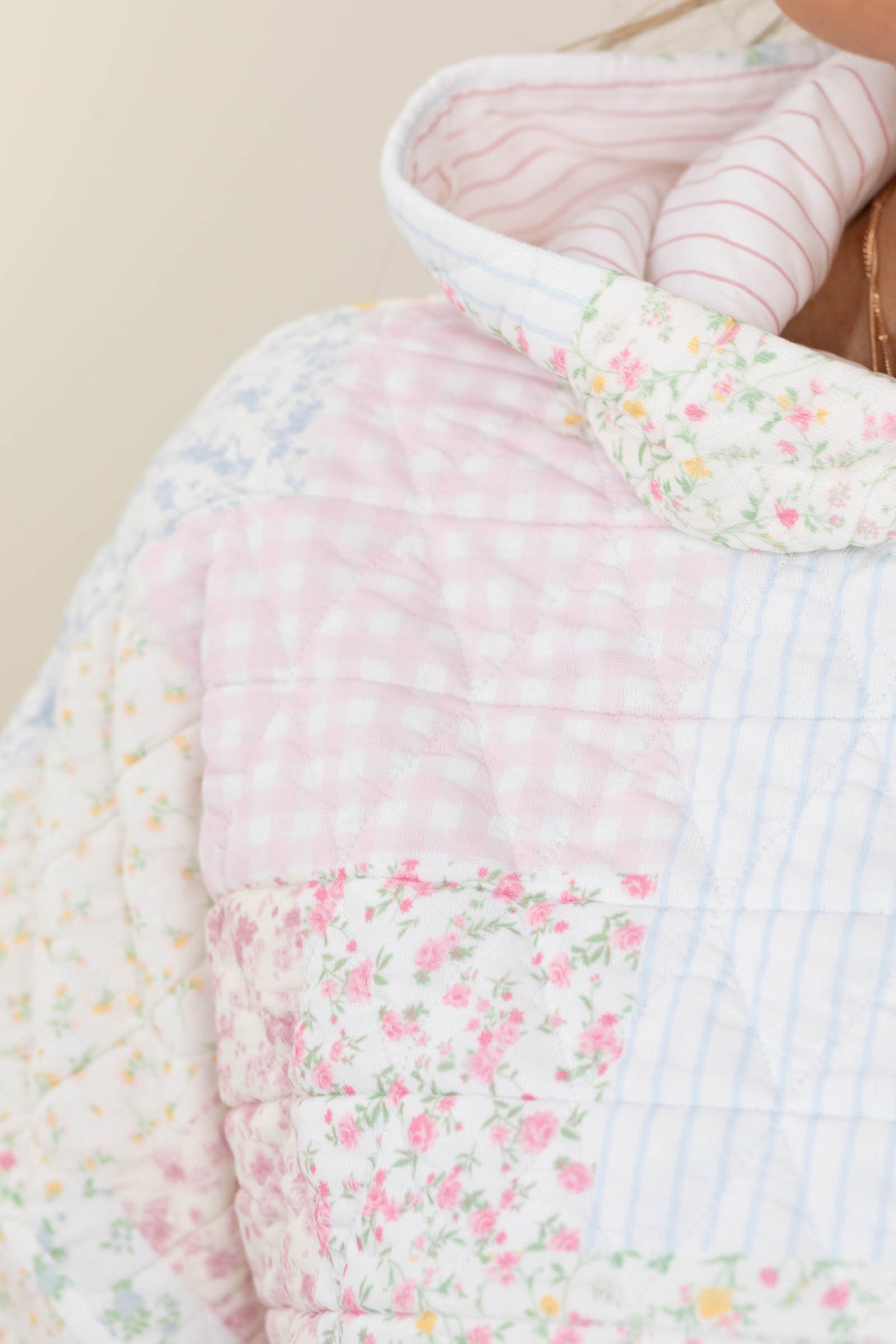 Ivory Multicolor Floral Colorblock Quilt Hoodie