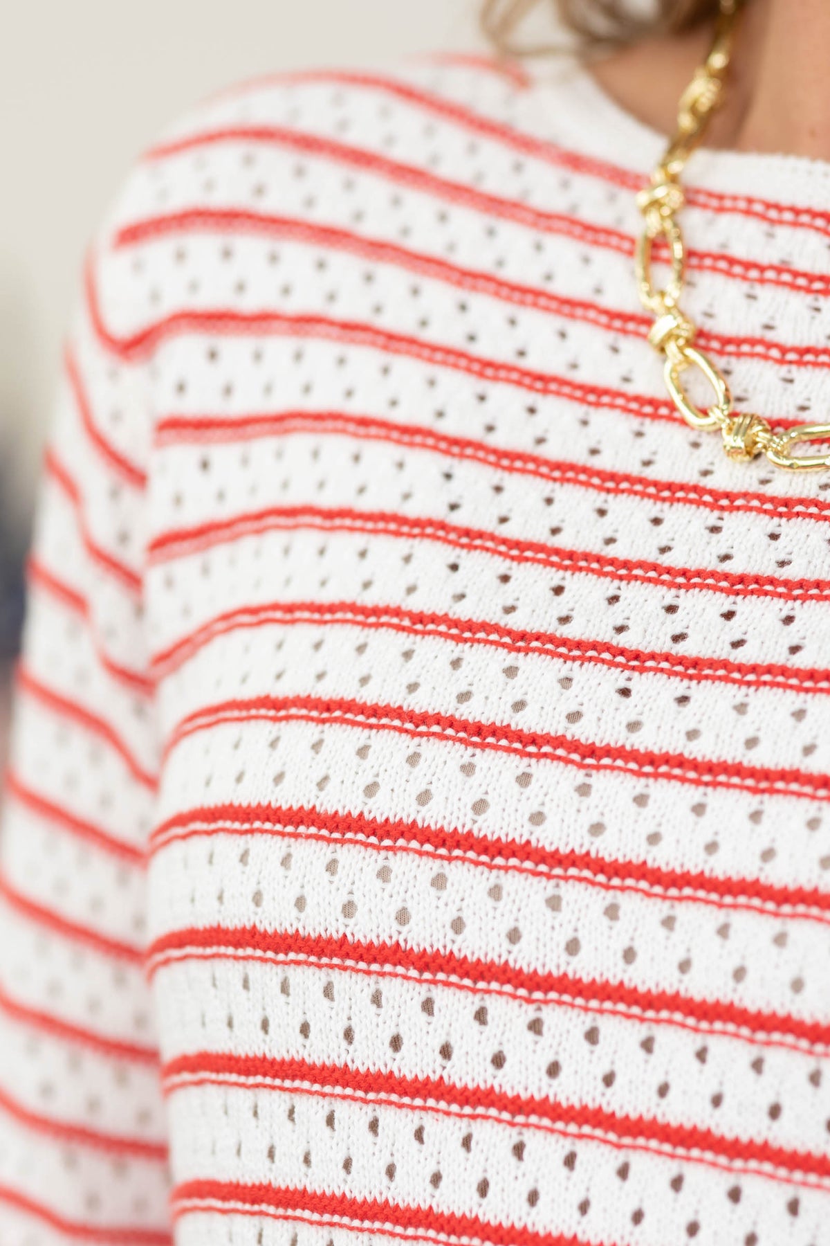 Staccato Ivory And Red Stripe Crochet Detail Sweater