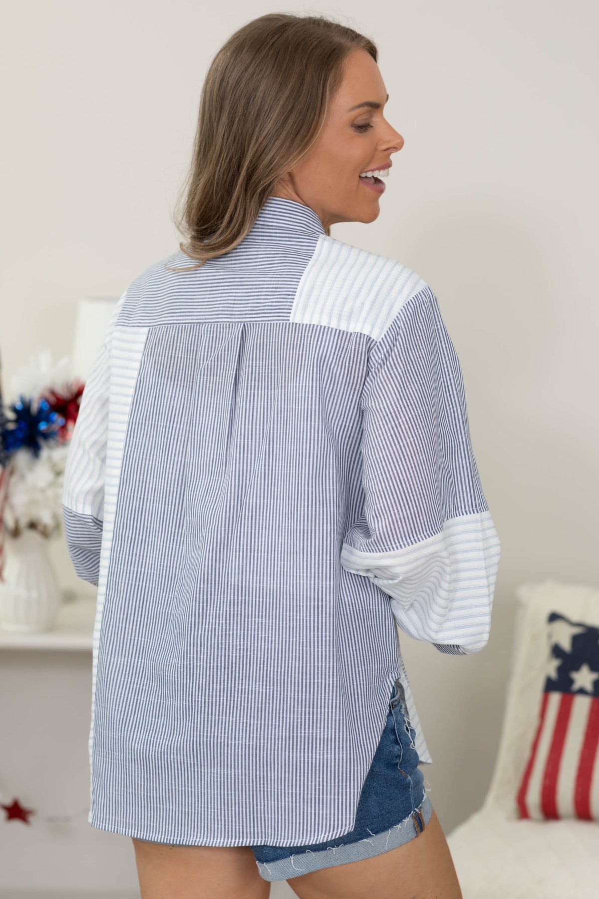 White And Navy Stripe Mixed Button Down Top