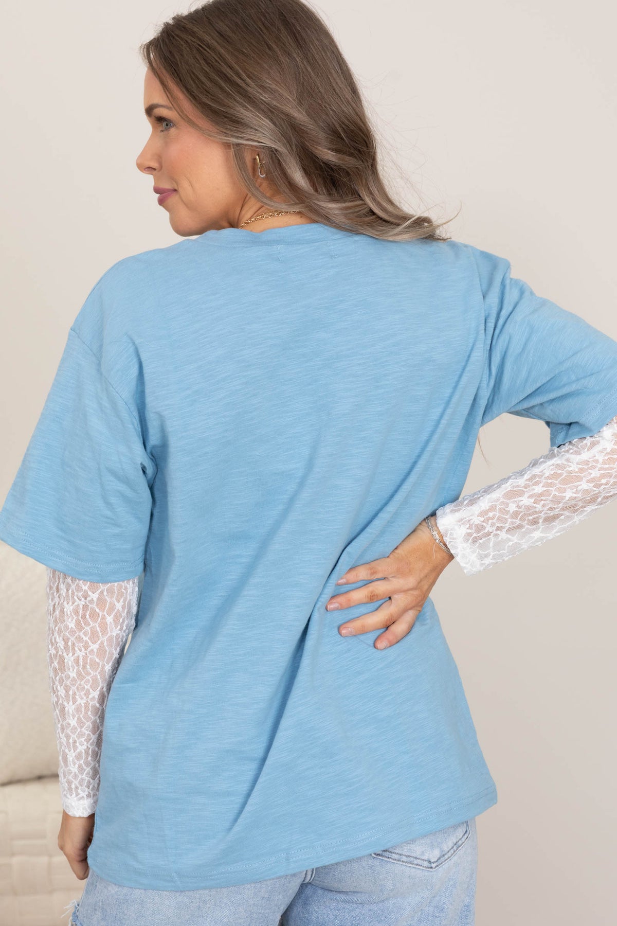Dusty Blue Lace Sleeve Layered Oversize Knit Top