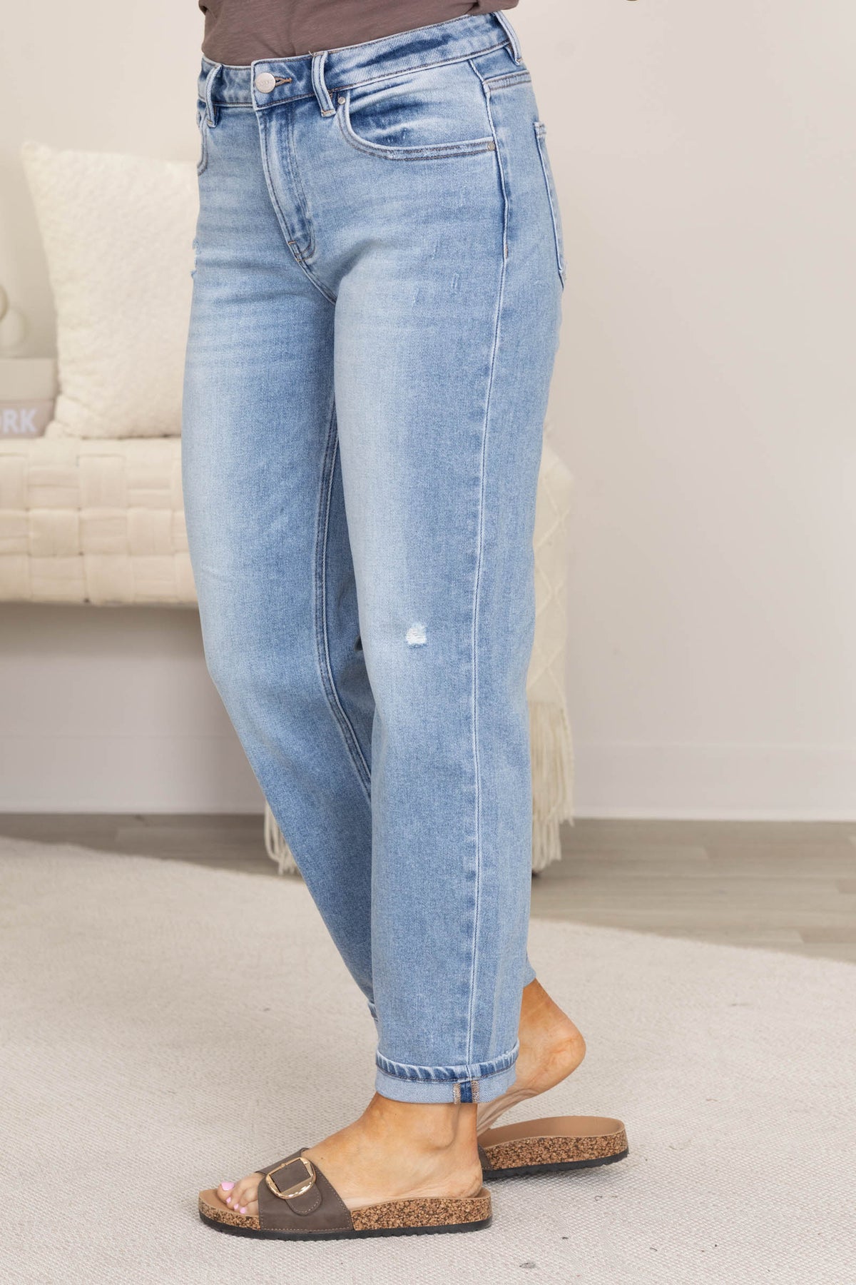 Risen Light High Rise Boyfriend Distressed Jeans