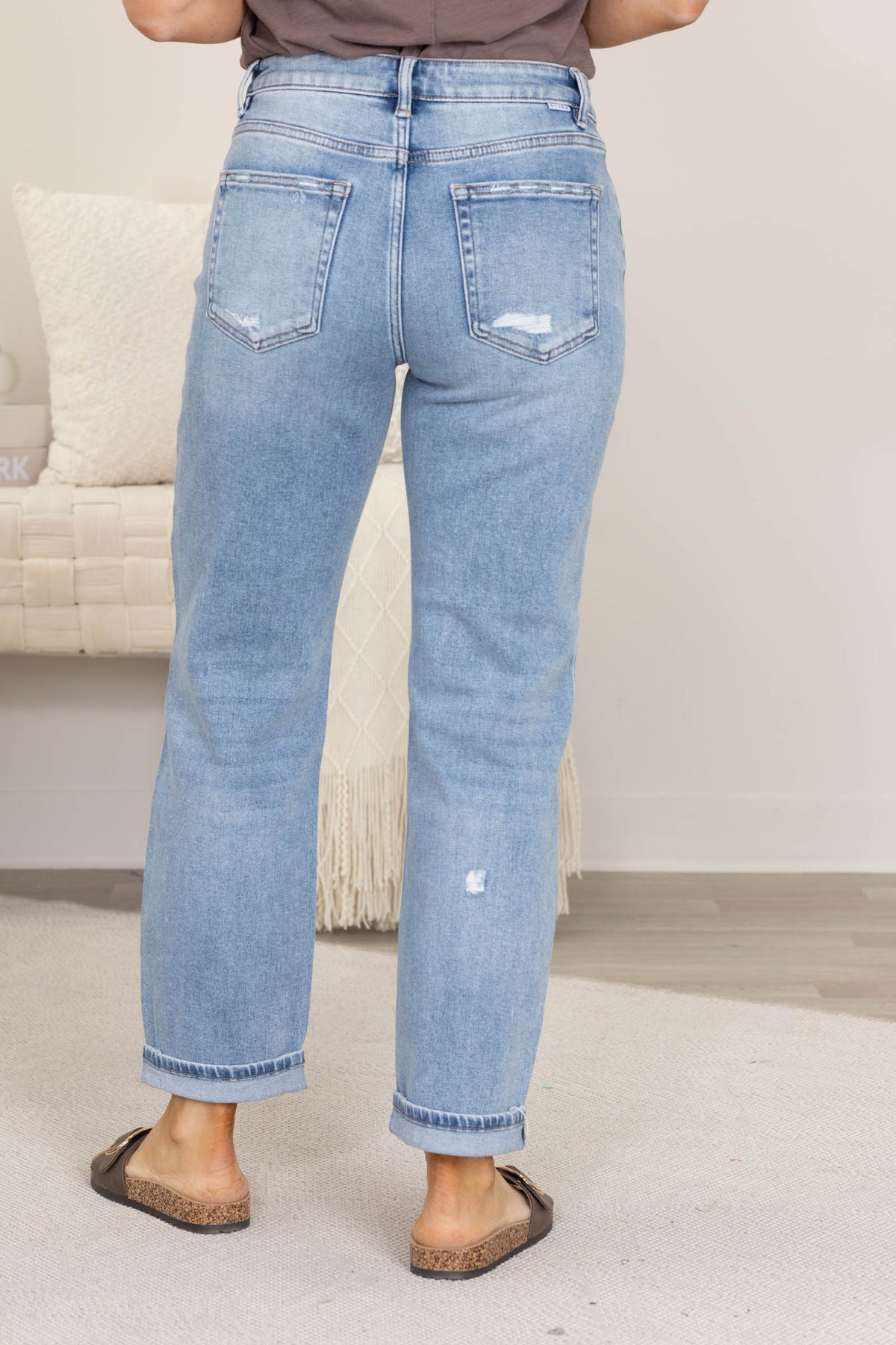 Risen Light High Rise Boyfriend Distressed Jeans