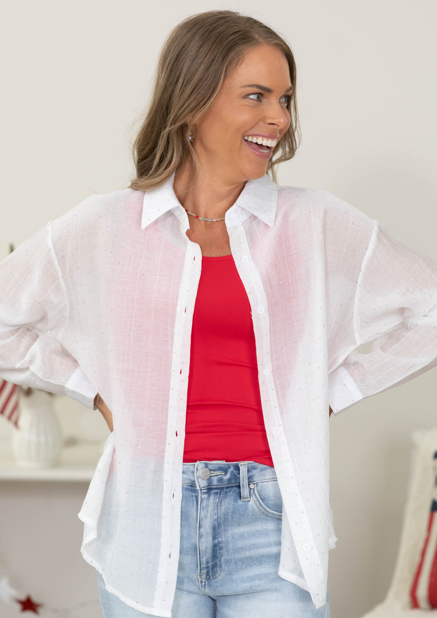 Off White Rhinestone Long Sleeve Button Down