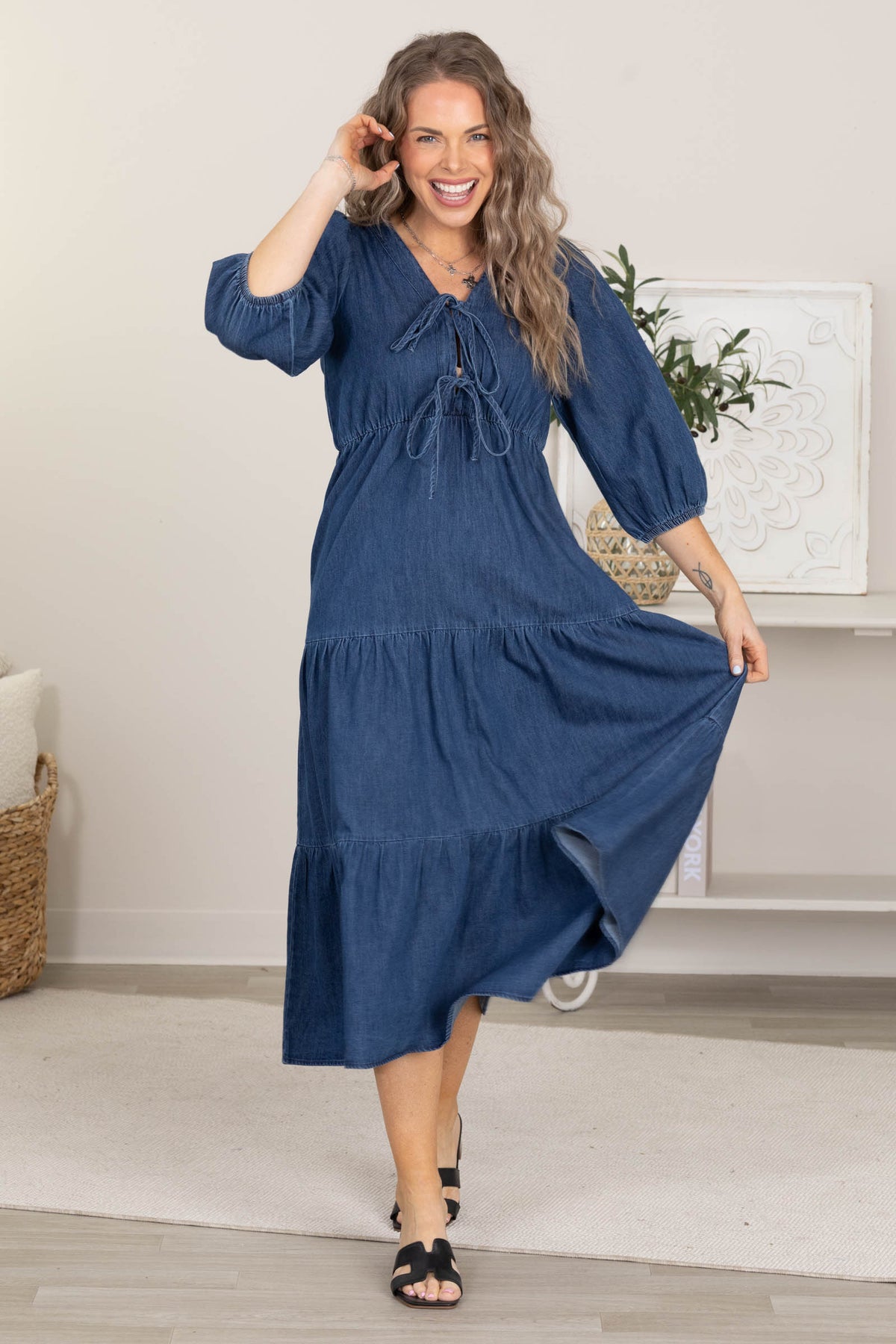 Denim Front Tie Tiered Midi Dress