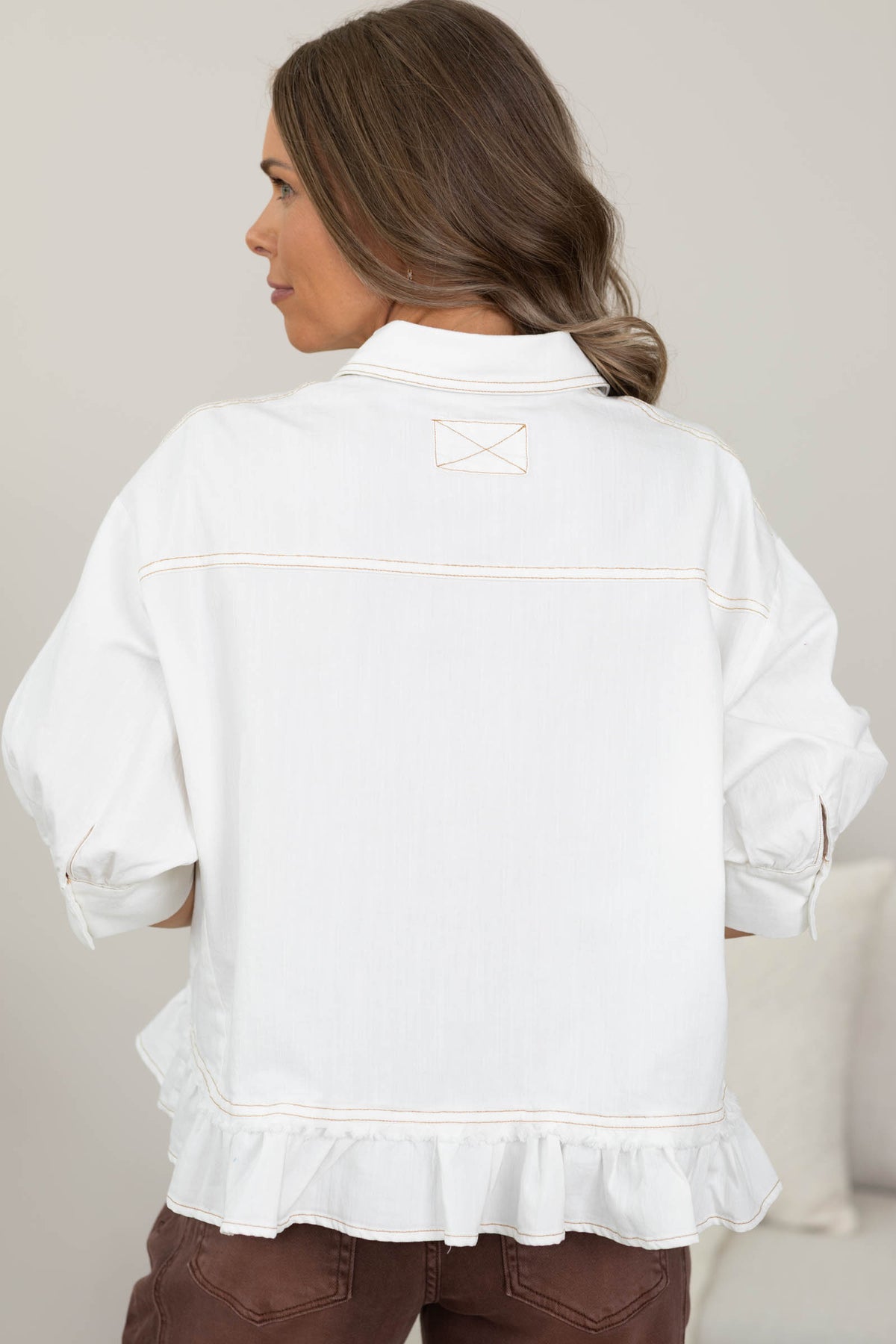 Cream Ruffled Hem 3/4 Sleeve Denim Top