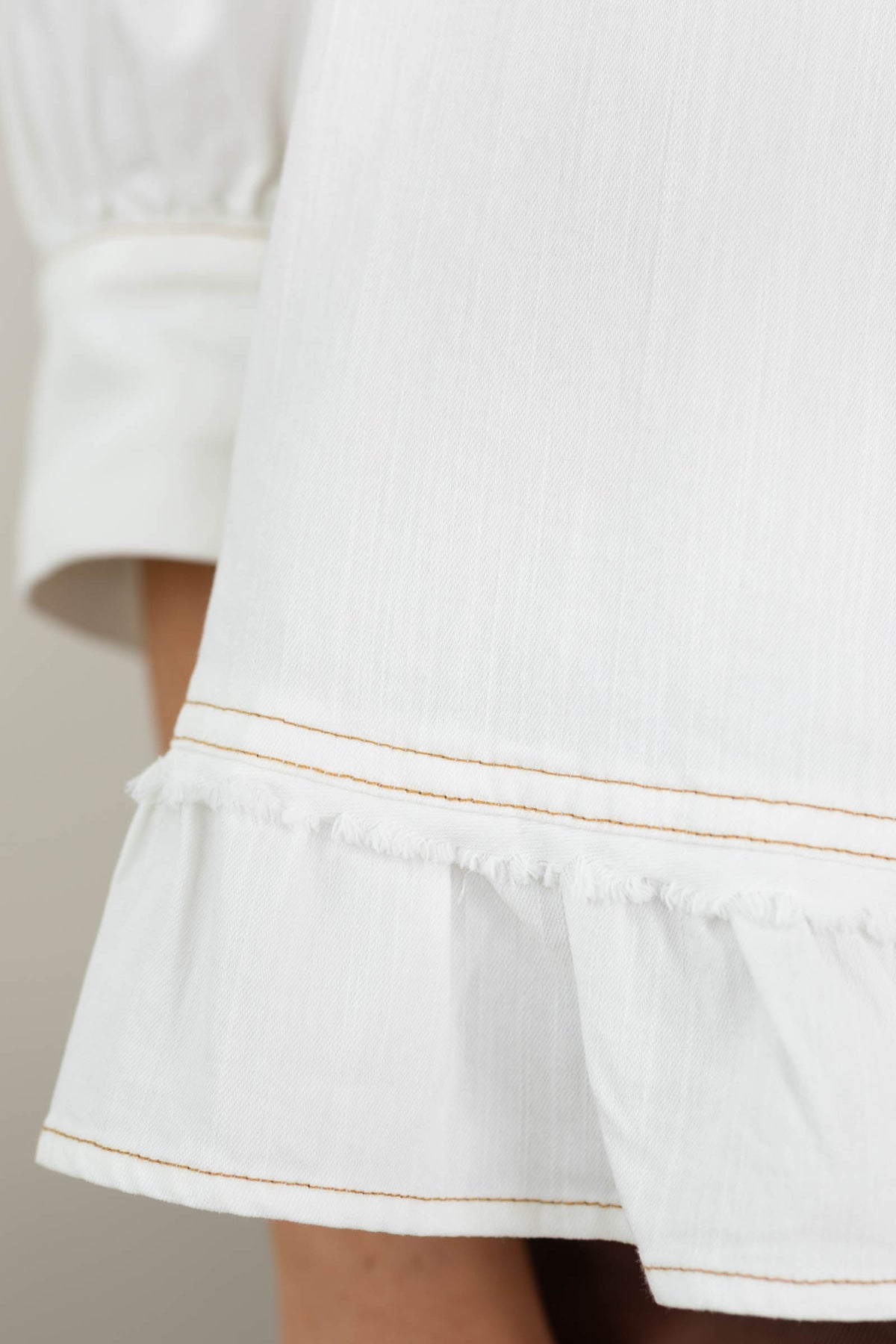 Cream Ruffled Hem 3/4 Sleeve Denim Top